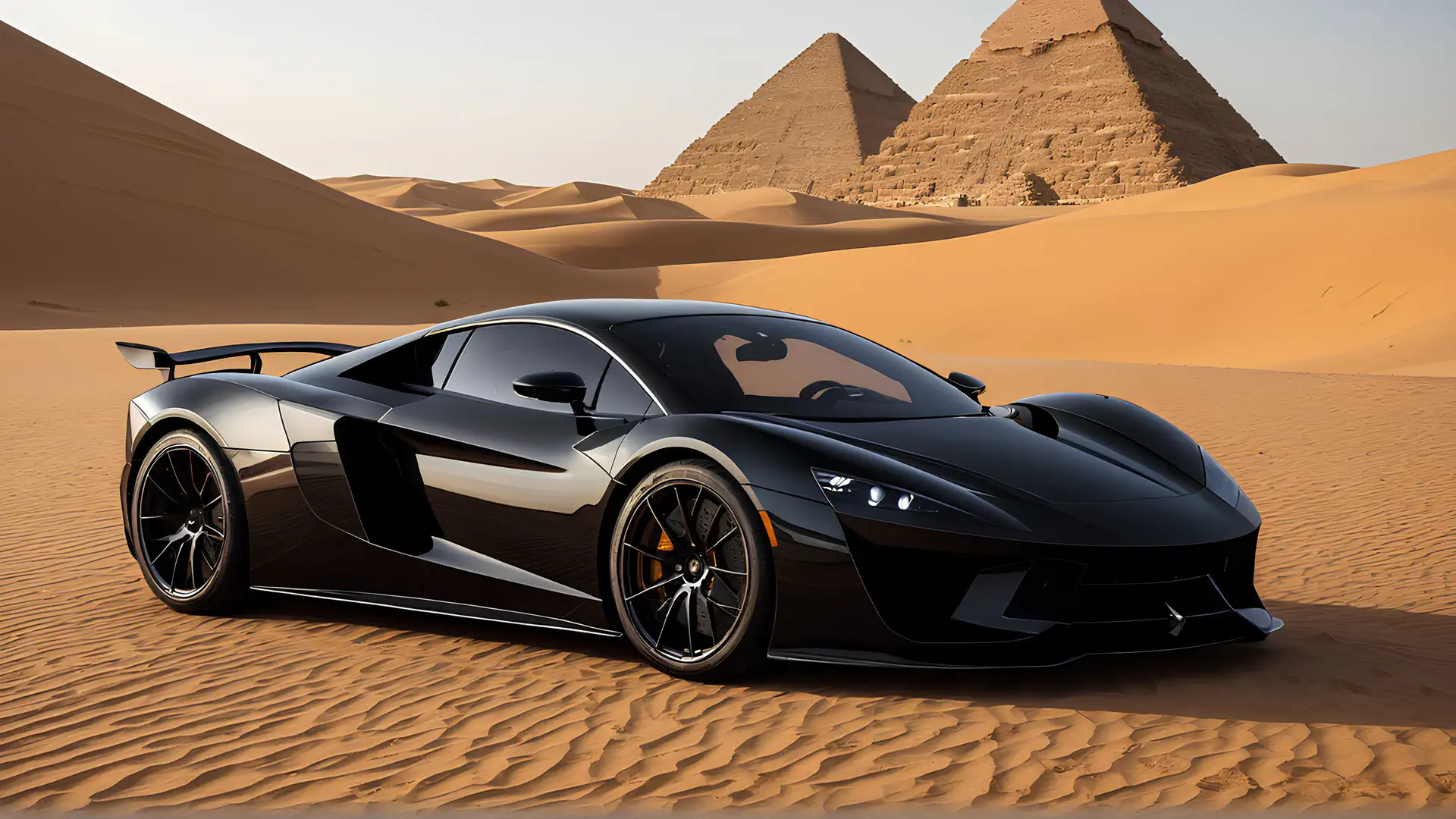Zwarte Hypercar met Zilveren Accenten bij Piramides in Egyptische Woestijn