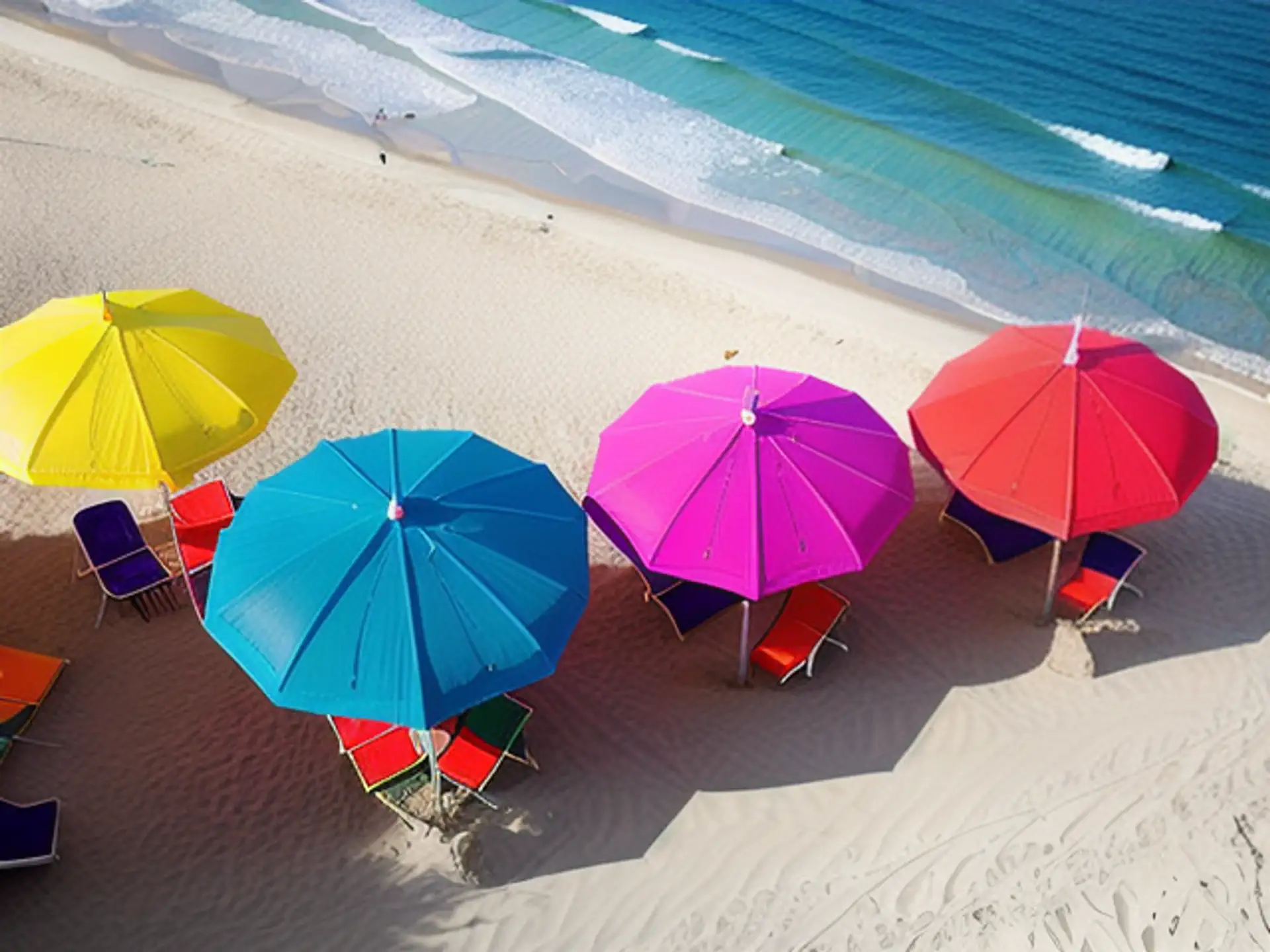 Kleurrijke strandparasols aan azuurblauwe kust vanuit vogelperspectief