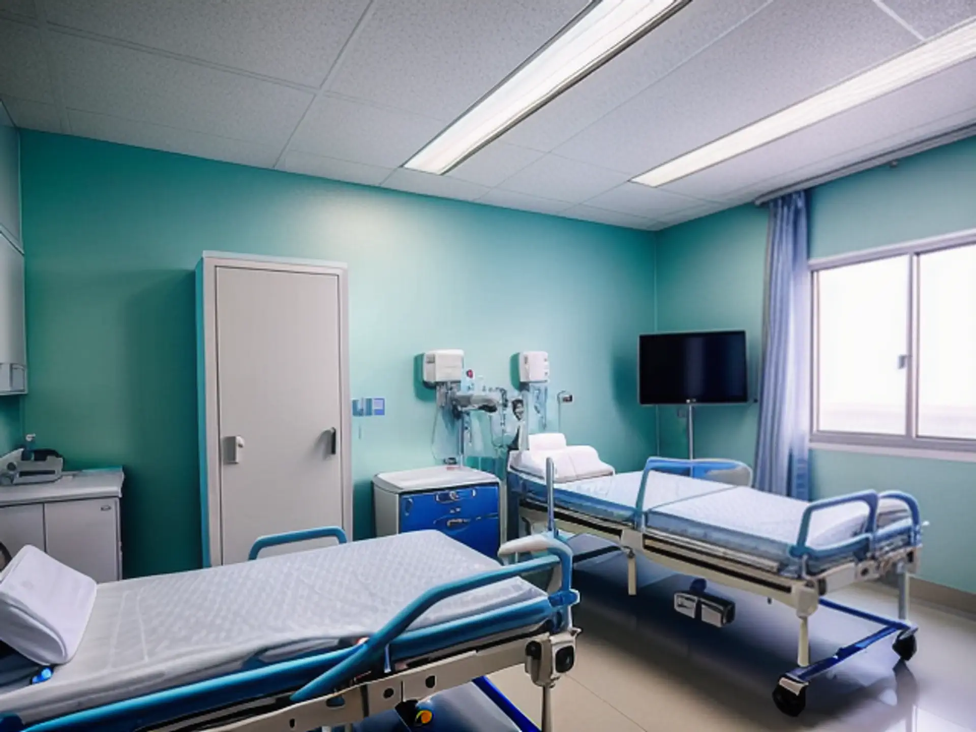 Moderne ziekenhuiskamer met twee bedden en medische apparatuur