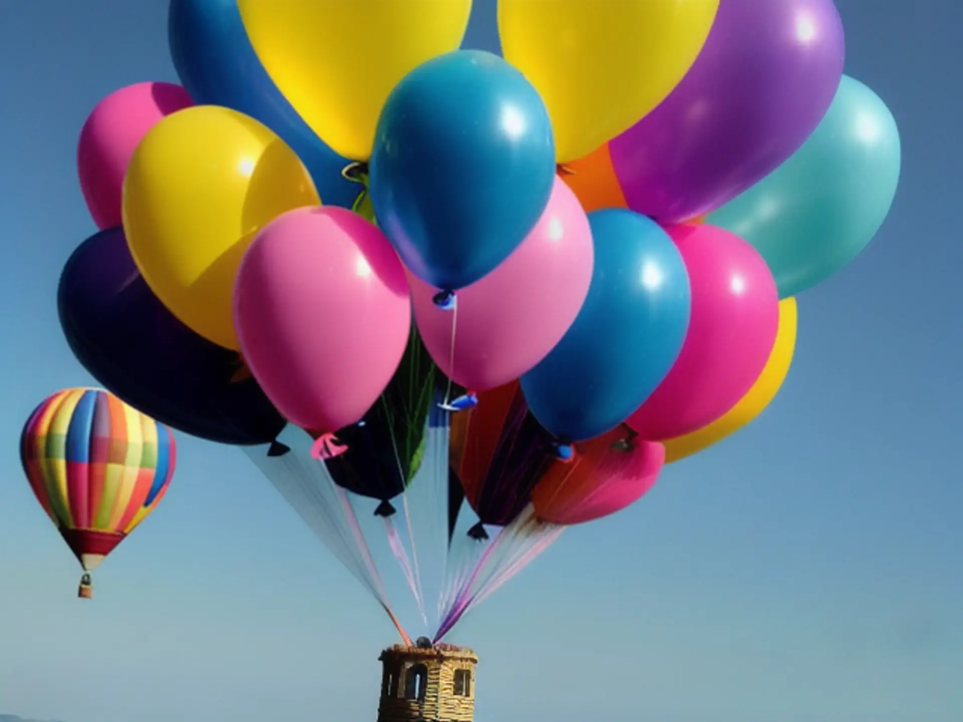 Kleurrijke feestballonnen en luchtballon tegen stralend blauwe hemel