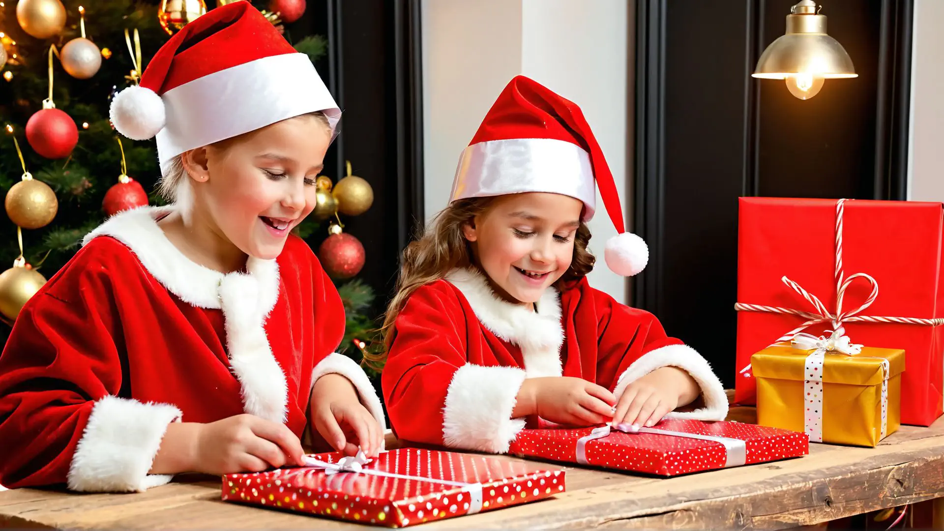 Kerstsfeer met kinderen die cadeautjes inpakken bij versierde boom