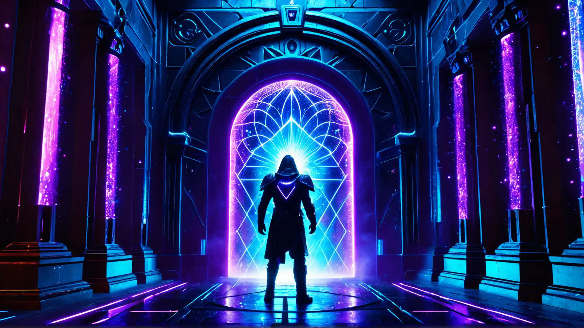 Mysterieus silhouet in neon verlichte arcade poort met geometrisch