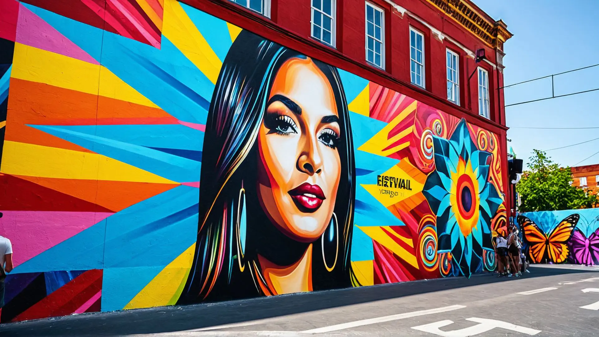 Kleurrijke street art muurschildering met geometrische patronen en