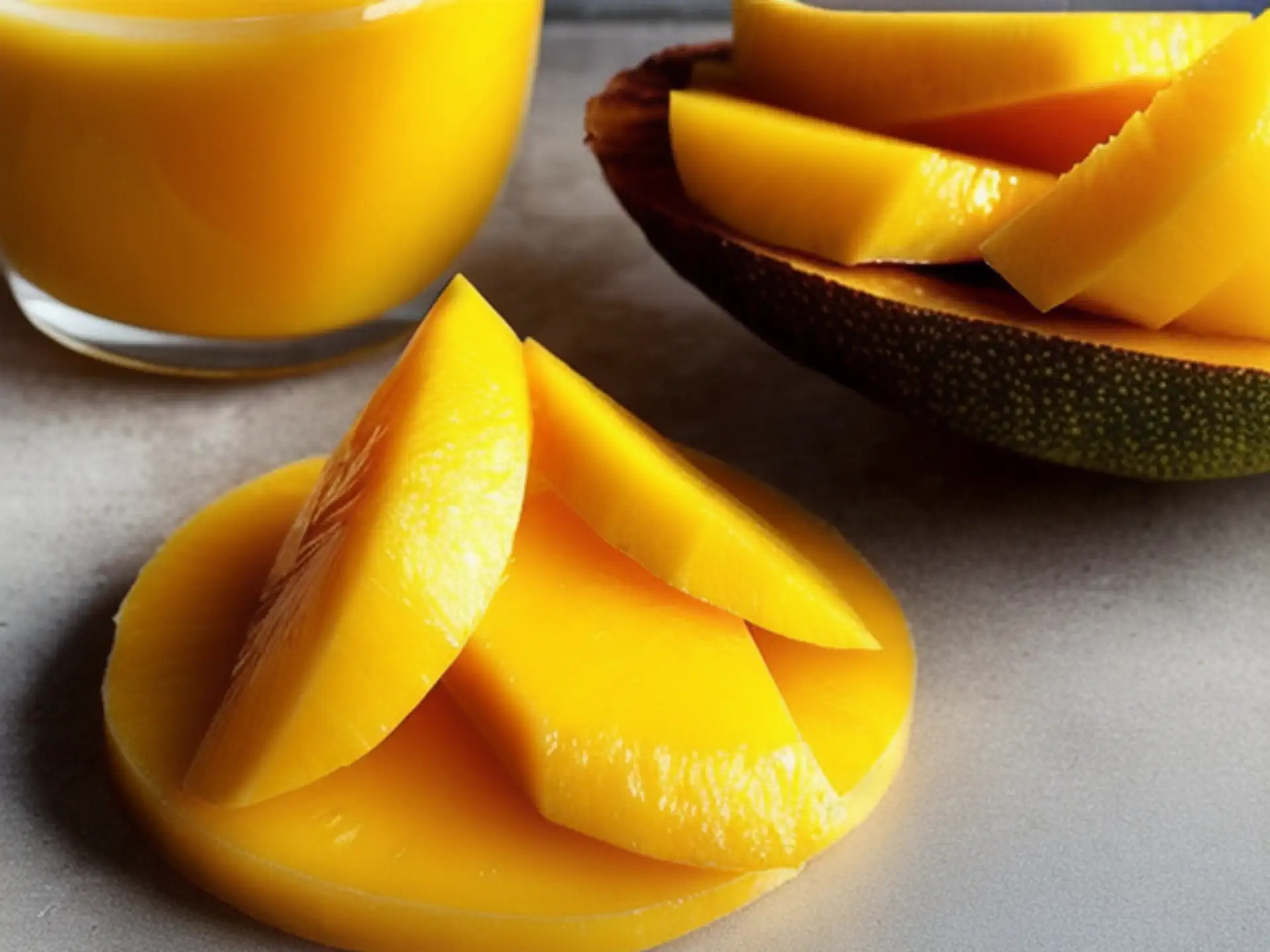 Vers gesneden mango partjes met sap - tropisch fruit close-up foto