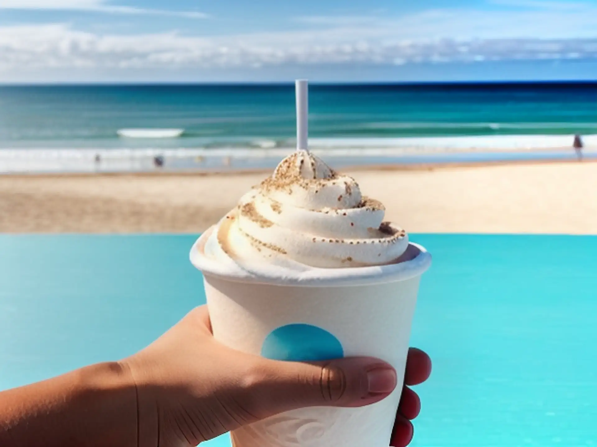 Verfrissende milkshake op tropisch strand met turquoise zeezicht