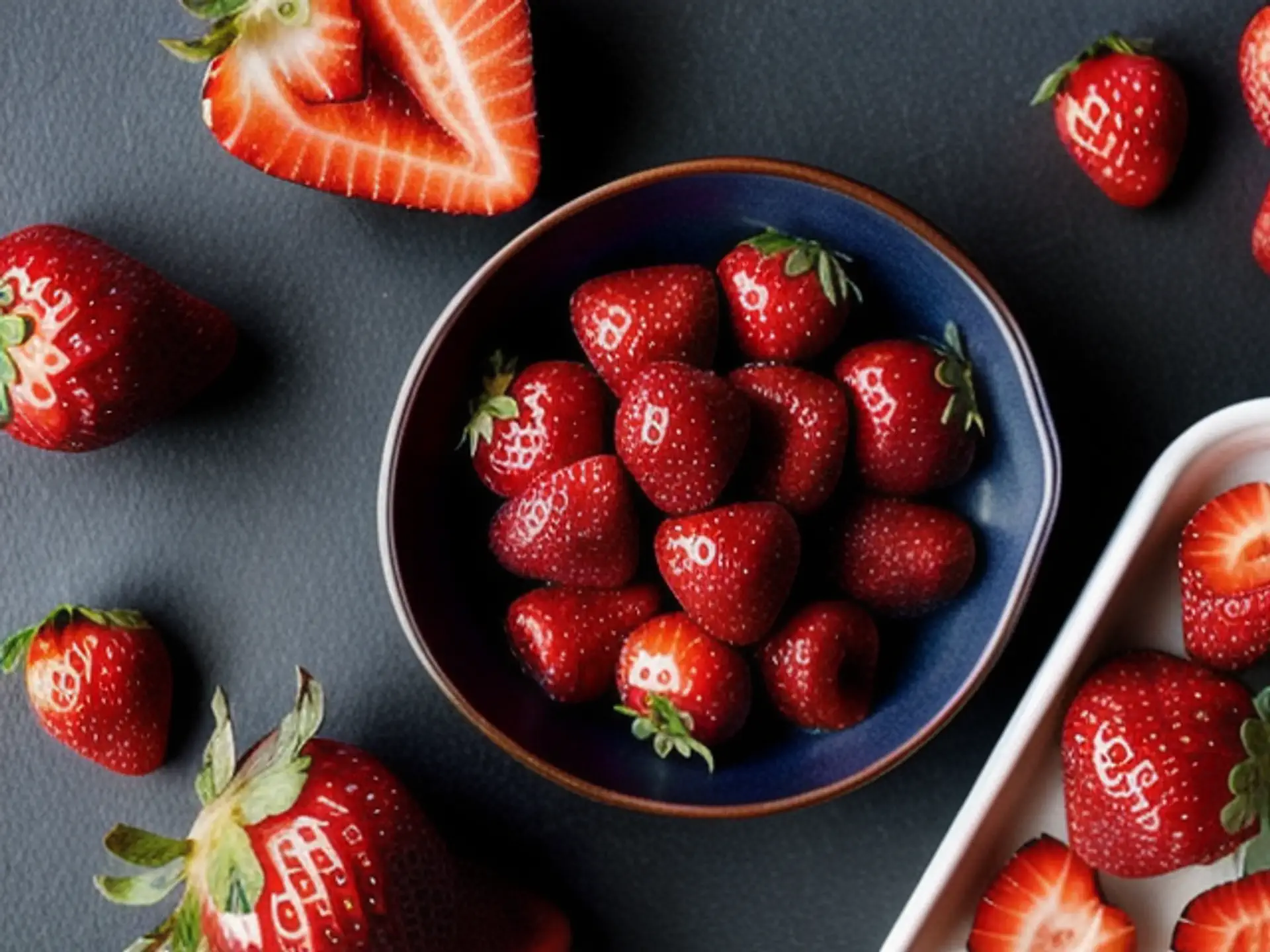 Verse aardbeien in donkerblauwe kom op zwarte ondergrond