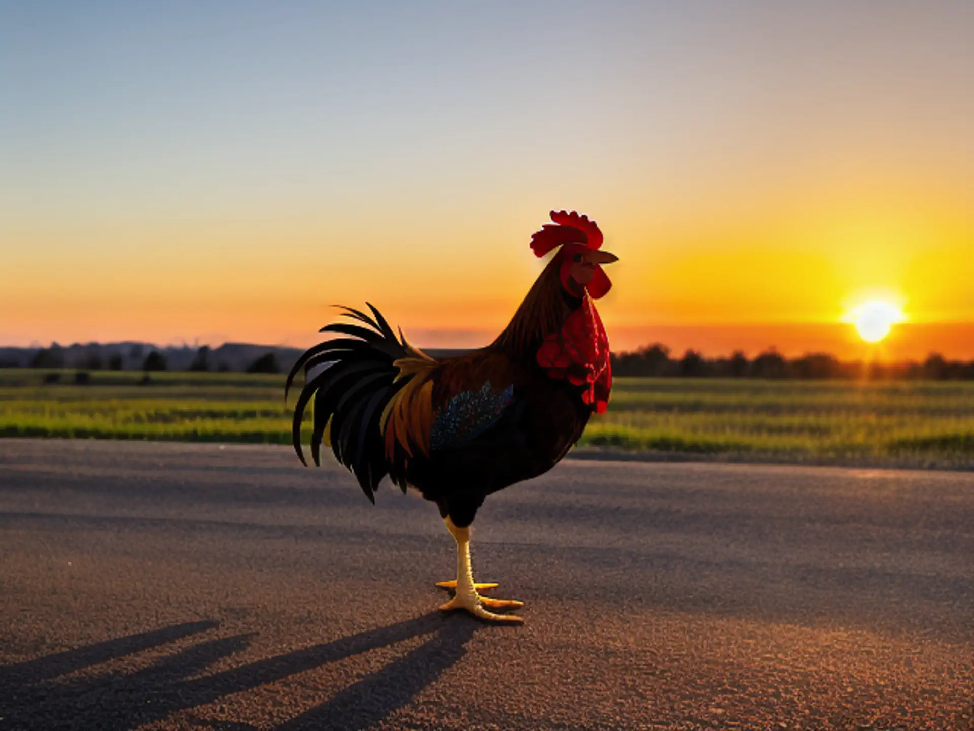 Trotse haan bij zonsopgang op Nederlands platteland met gouden gloed