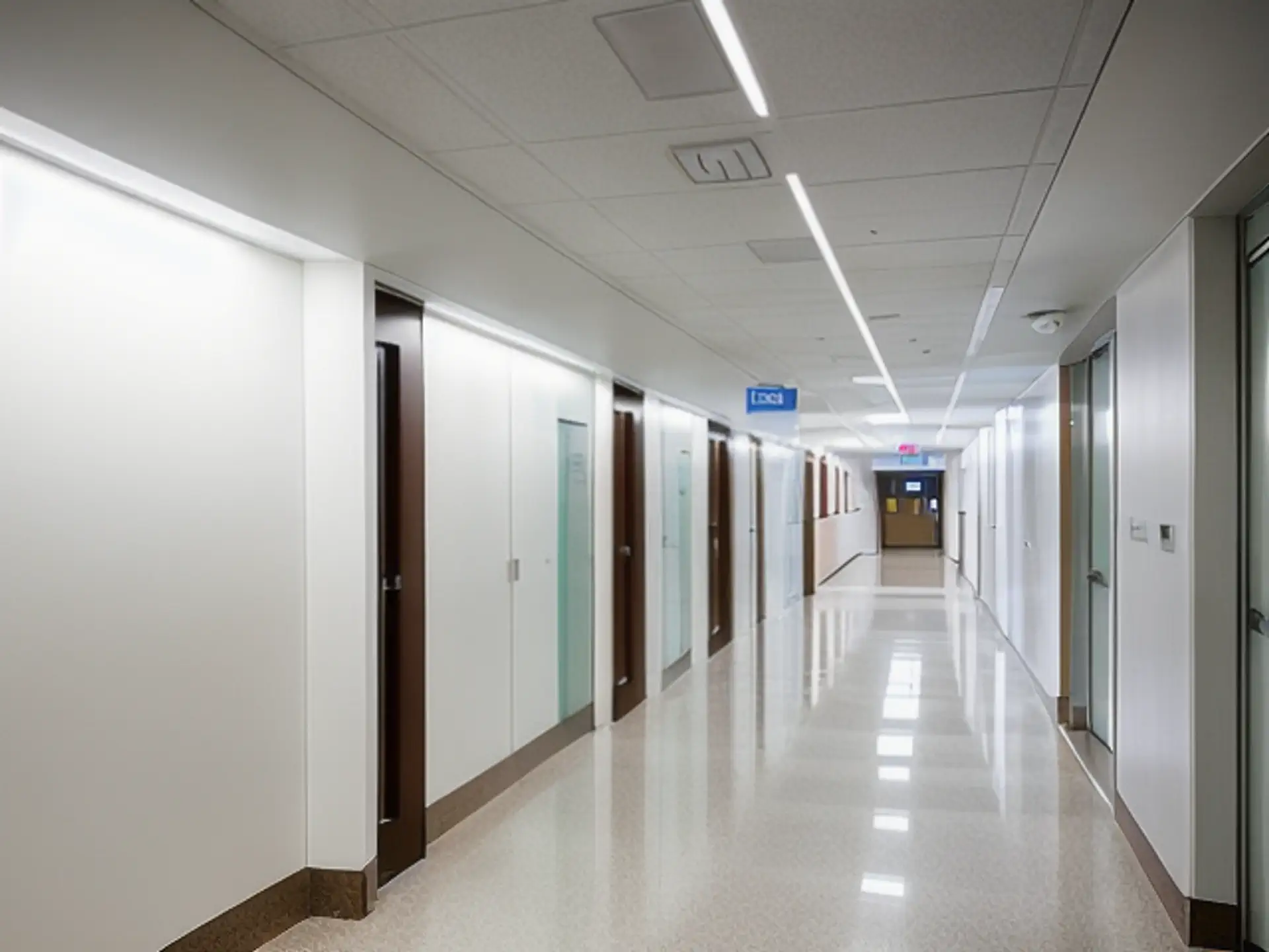 Moderne ziekenhuisgang met strakke verlichting en glanzende vloer