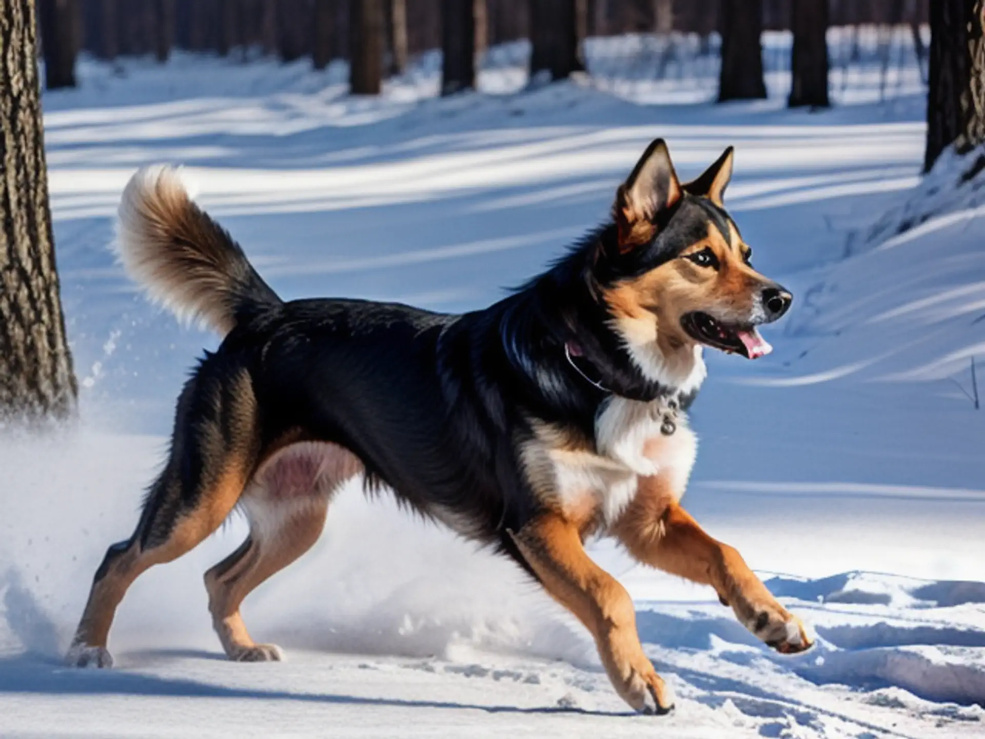Energieke hond rent door winterse sneeuw in besneeuwd dennenbos