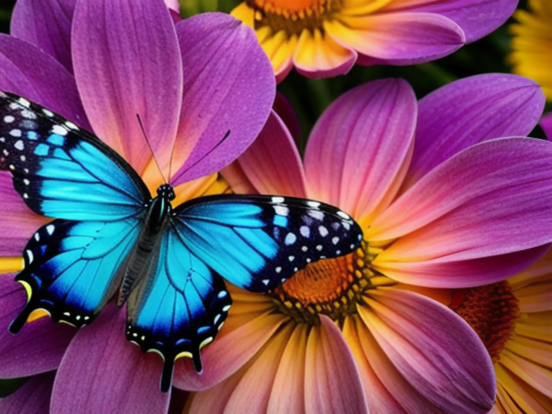 Blauwe vlinder op kleurrijke bloemen in zomerse tuinfotografie