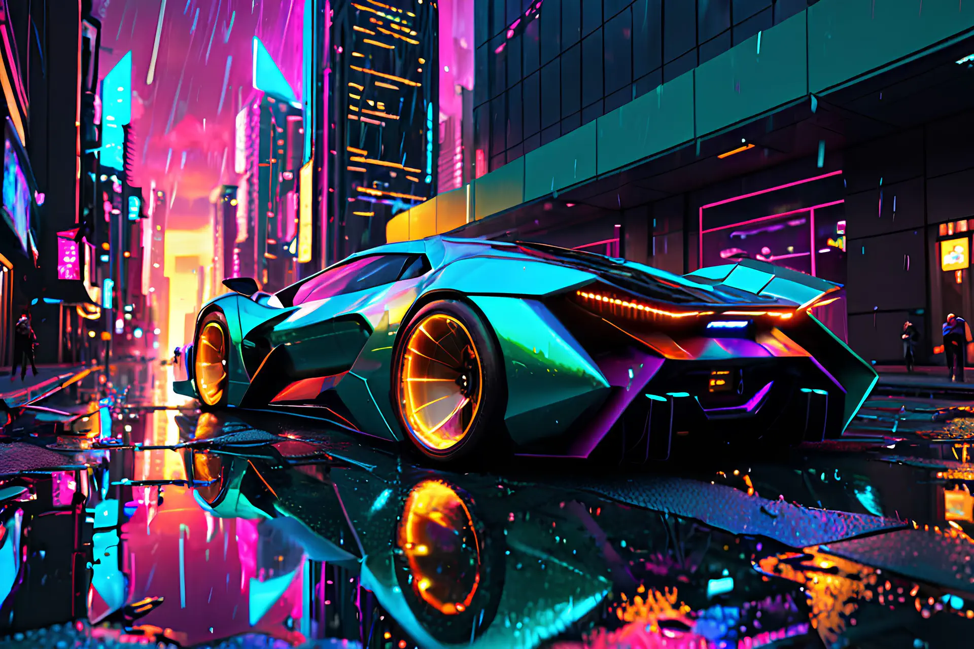 Turquoise Hypercar met Gouden Wielen in Regenachtige Cyberpunk Stad