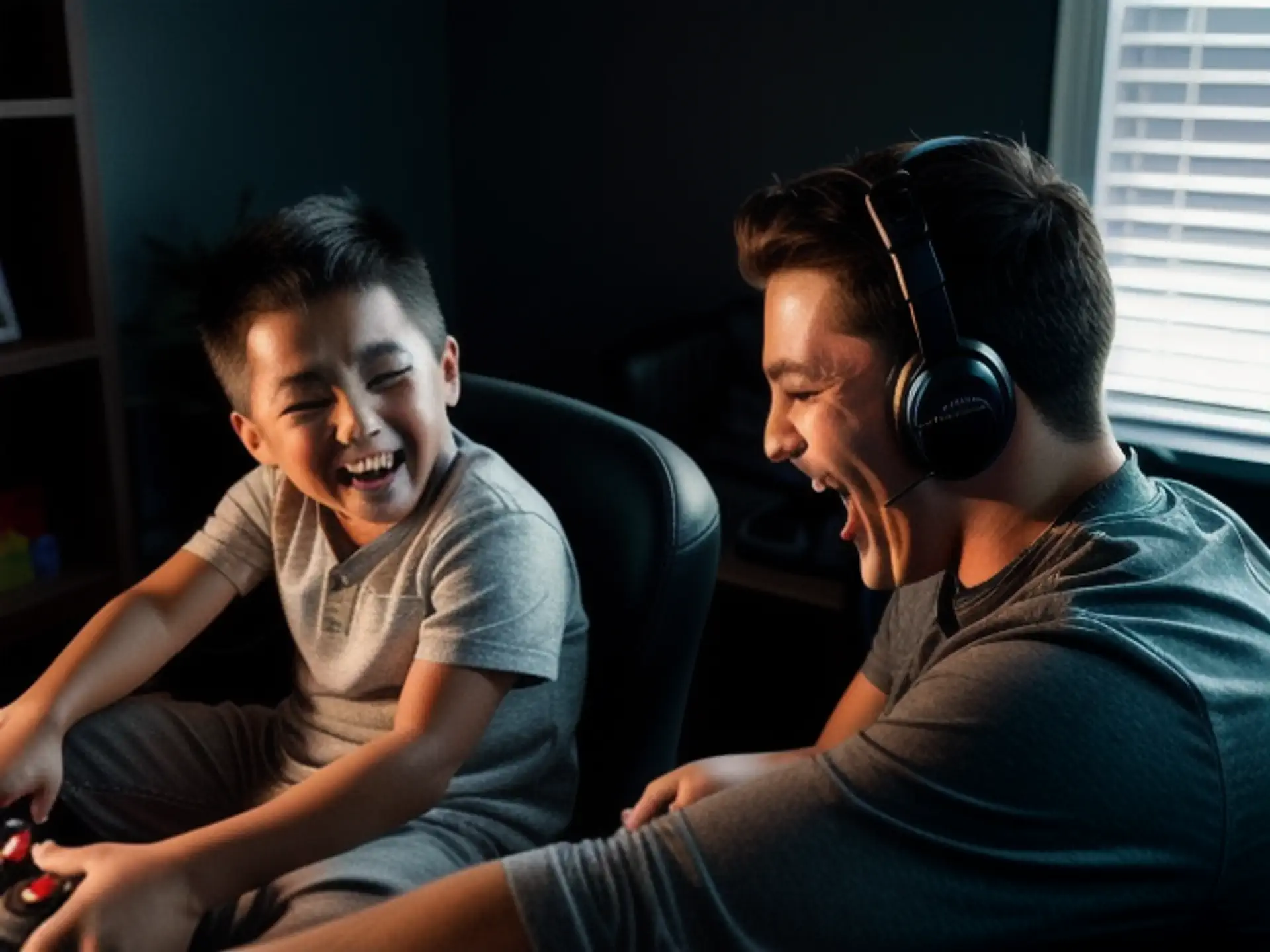 Enthousiast gamemoment met koptelefoon in gezellige speelruimte
