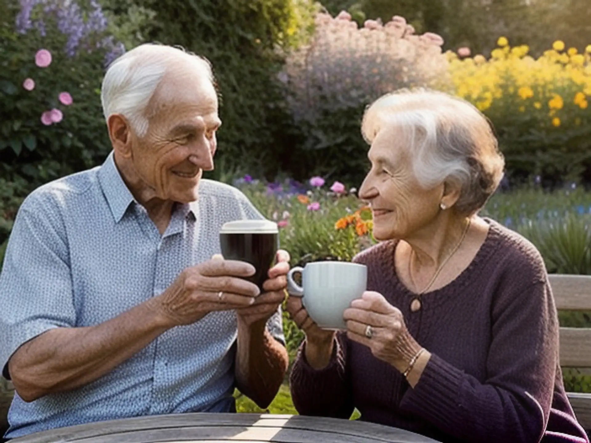 Gezellig koffiemoment in bloeiende lentetuin op tuinbank