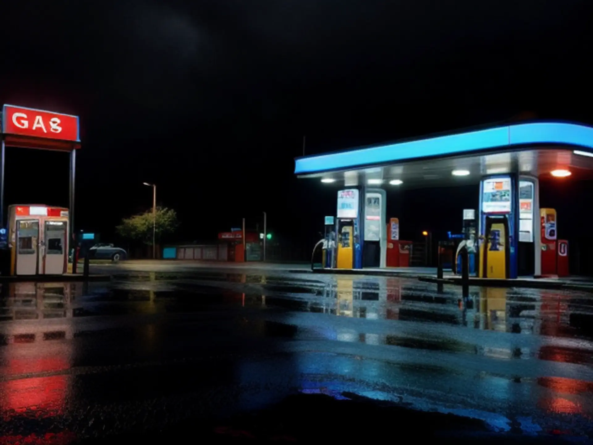Verlicht tankstation in regenachtige nacht met kleurrijke reflecties