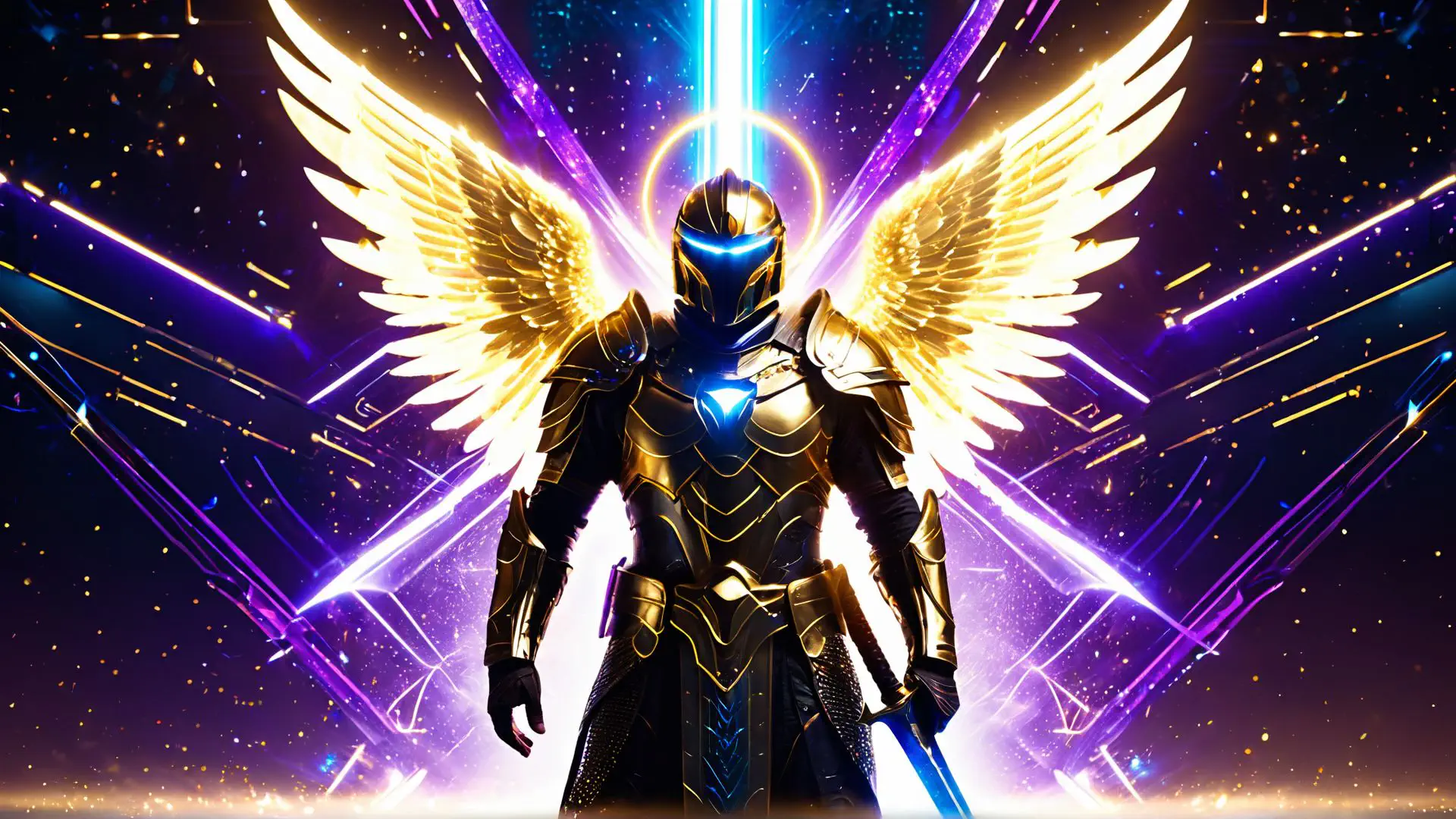 Futuristische krijger met gouden vleugels in kosmische setting