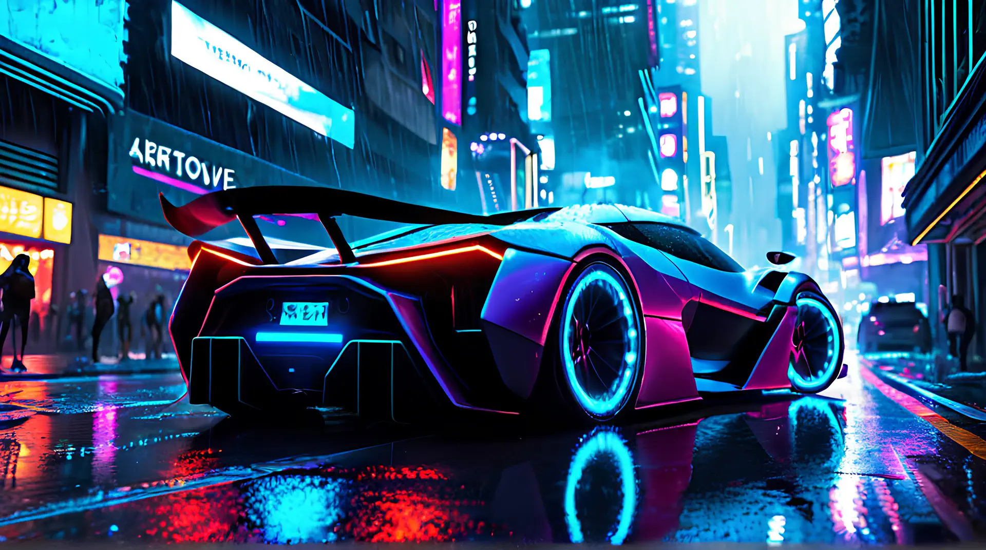 Futuristische Raceauto in Nachtelijke Cyberpunk Stad 4K Wallpaper
