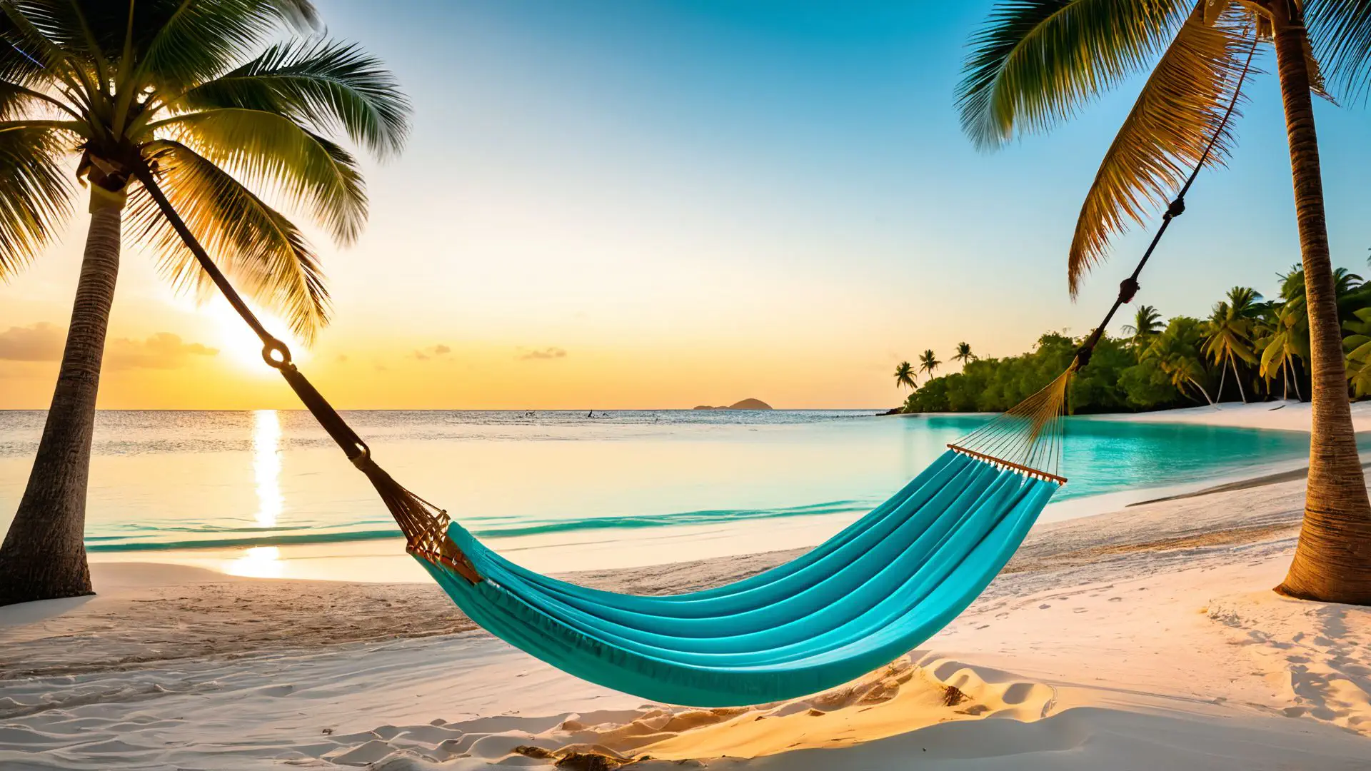 Turquoise hangmat op tropisch strand tijdens gouden zonsondergang
