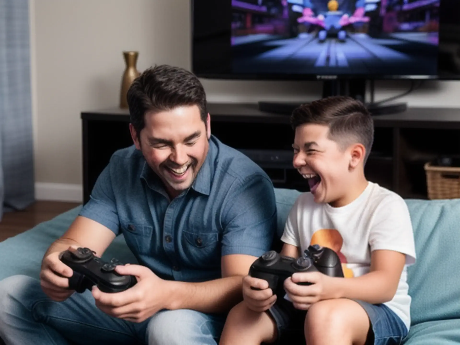 Gezellig samen gamen op de bank met spelcomputer en controllers