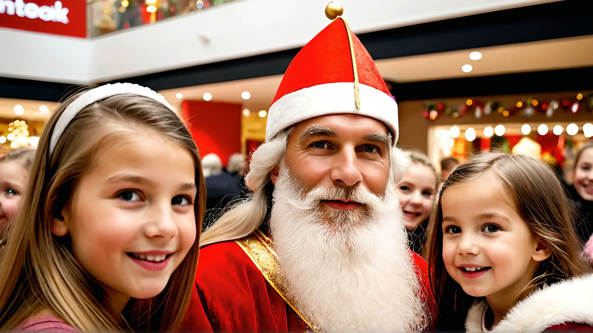 Sinterklaas viert feest met kinderen in gezellig winkelcentrum