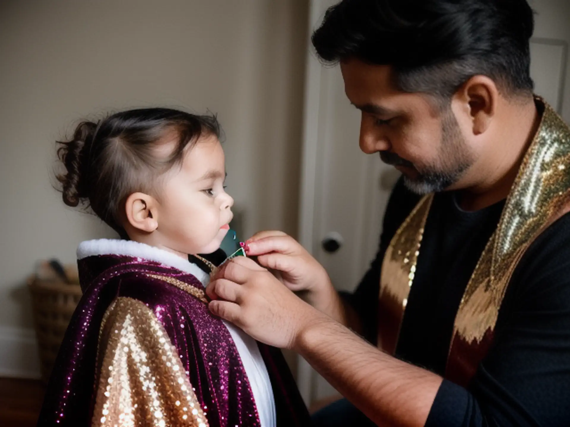 Liefdevolle vader-kind moment tijdens aankleden in feestelijke kleding