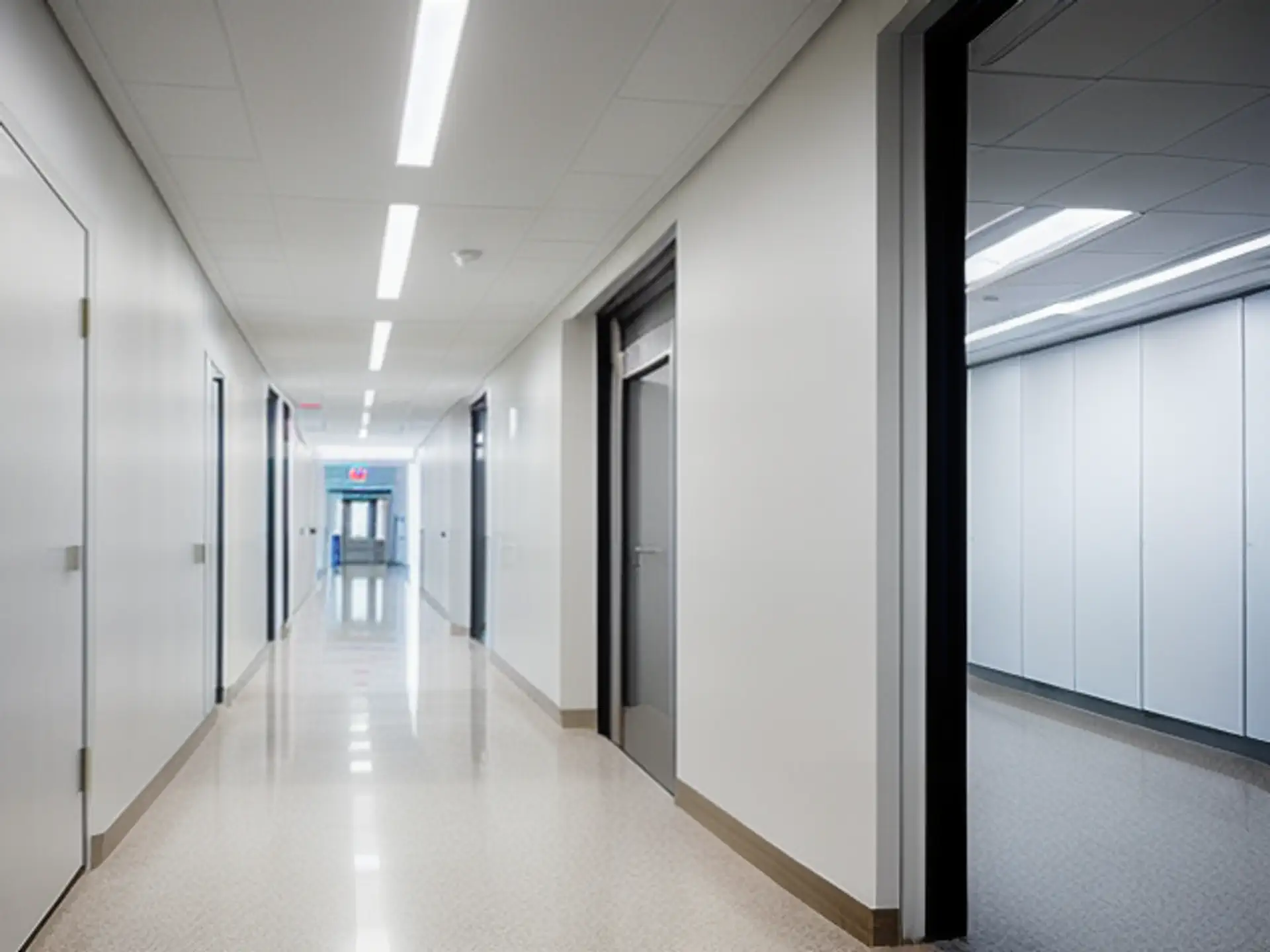 Moderne kantoorgang met strakke deuren en professionele uitstraling