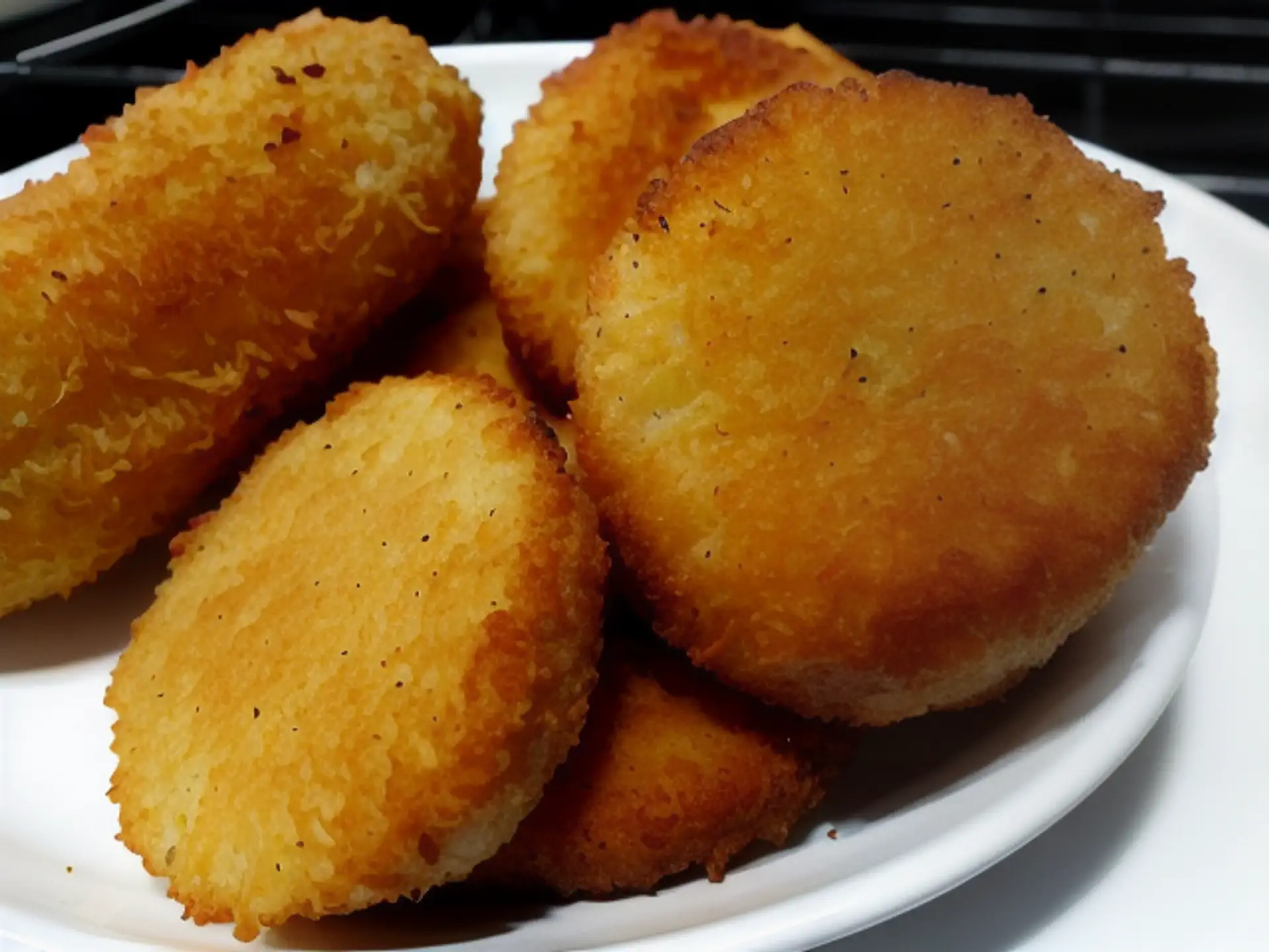 Krokante aardappelkroketjes op wit bord - close-up van snack
