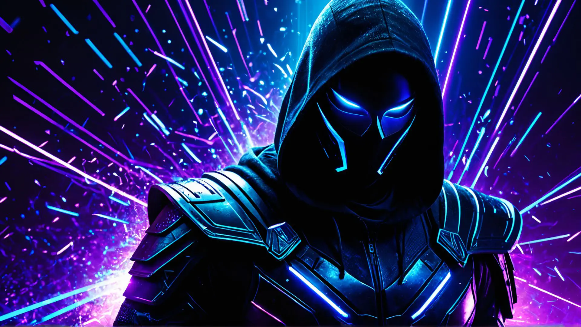 Futuristische cyberpunk krijger in neon verlicht fantasie landschap