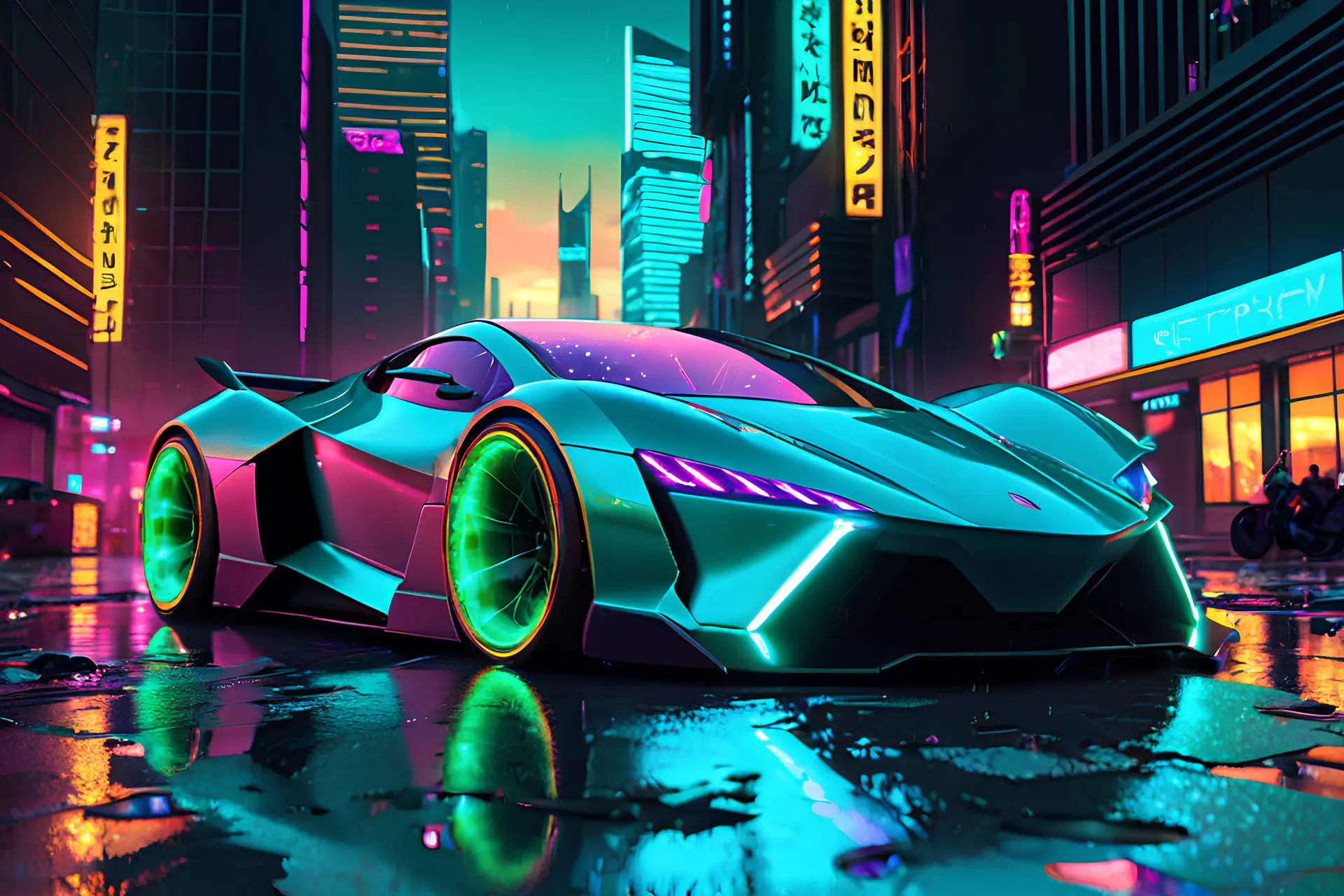 Turquoise Racewagen met Groene Neonwielen in Aziatische Cyberpunk Stad