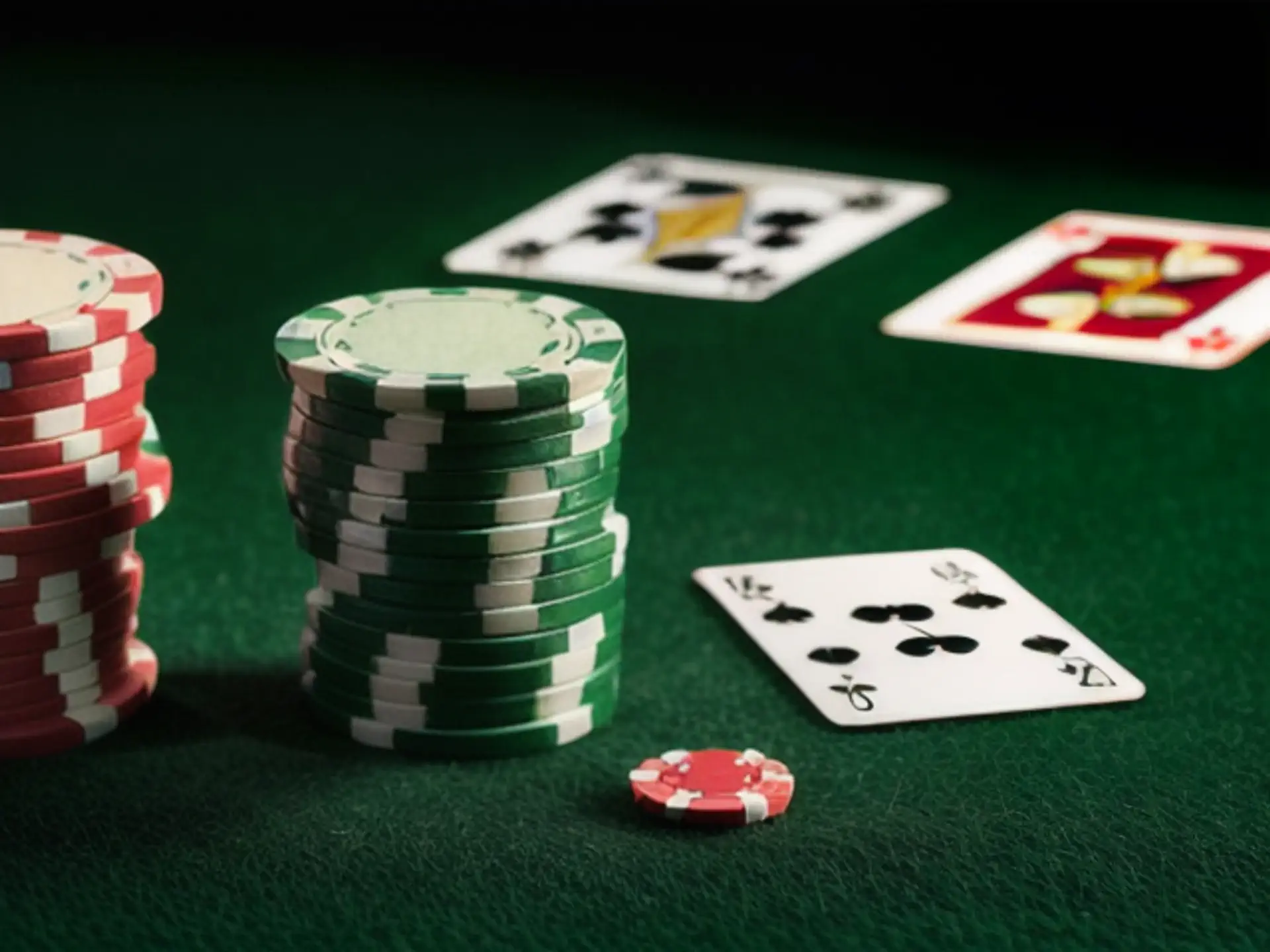 Pokertafel met fiches en speelkaarten op groen speelveld