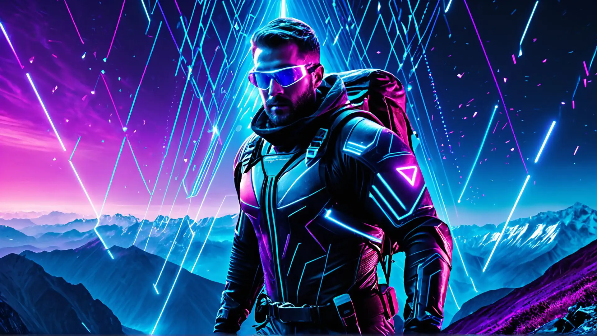 Futuristische krijger in neon berglandschap met cyberpunk stijl