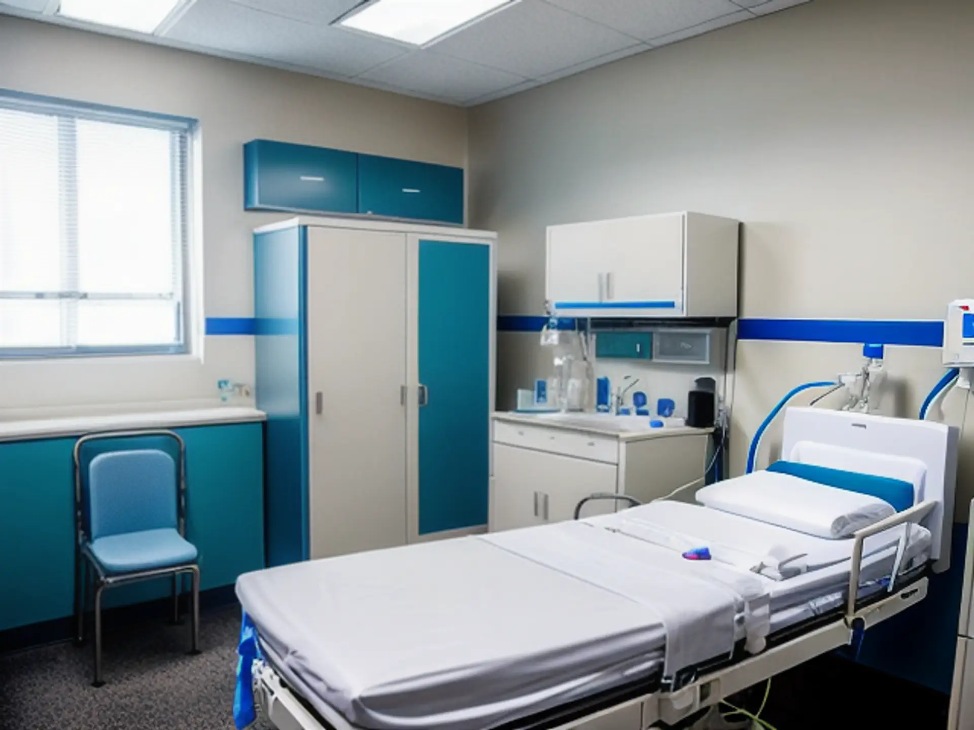 Moderne ziekenhuiskamer met turquoise meubilair en verstelbaar bed