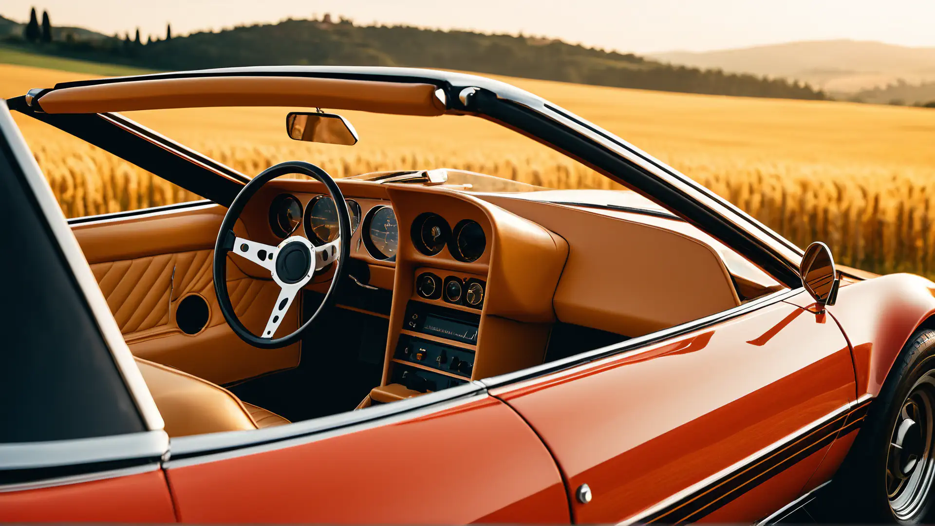 Oranje Klassieke Cabrio Interieur Leren Bekleding Gouden Uur
