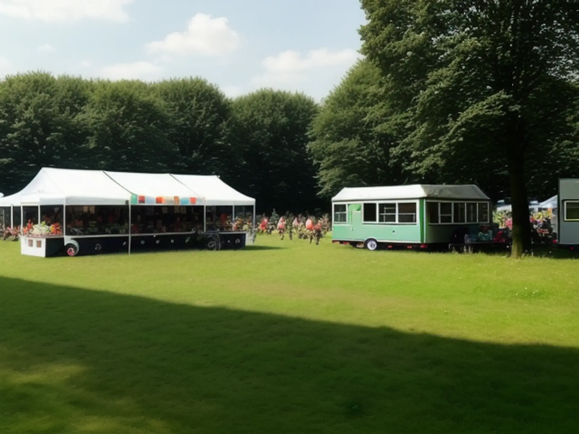 Zomerfestival opstelling met foodtrucks en partytent in bosrijke