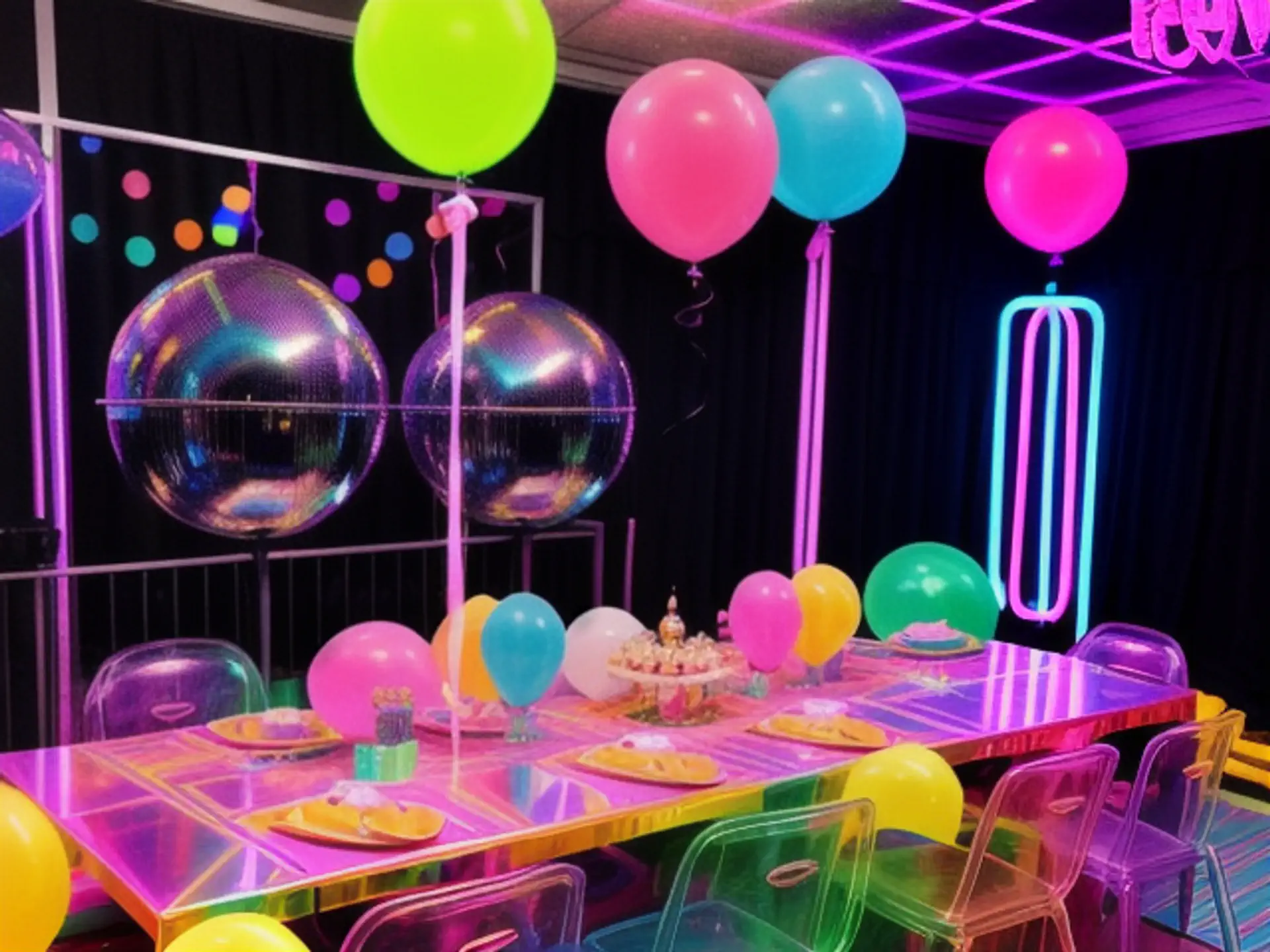 Neon feestdecoratie met discobal en transparante stoelen