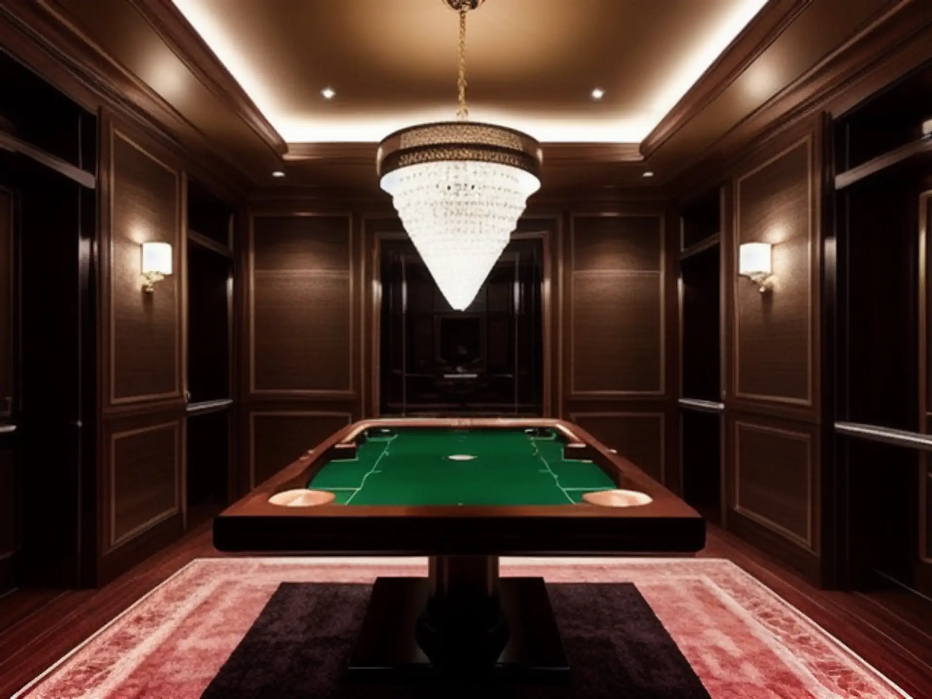 Luxe pokertafel met kristallen kroonluchter in klassieke speelkamer