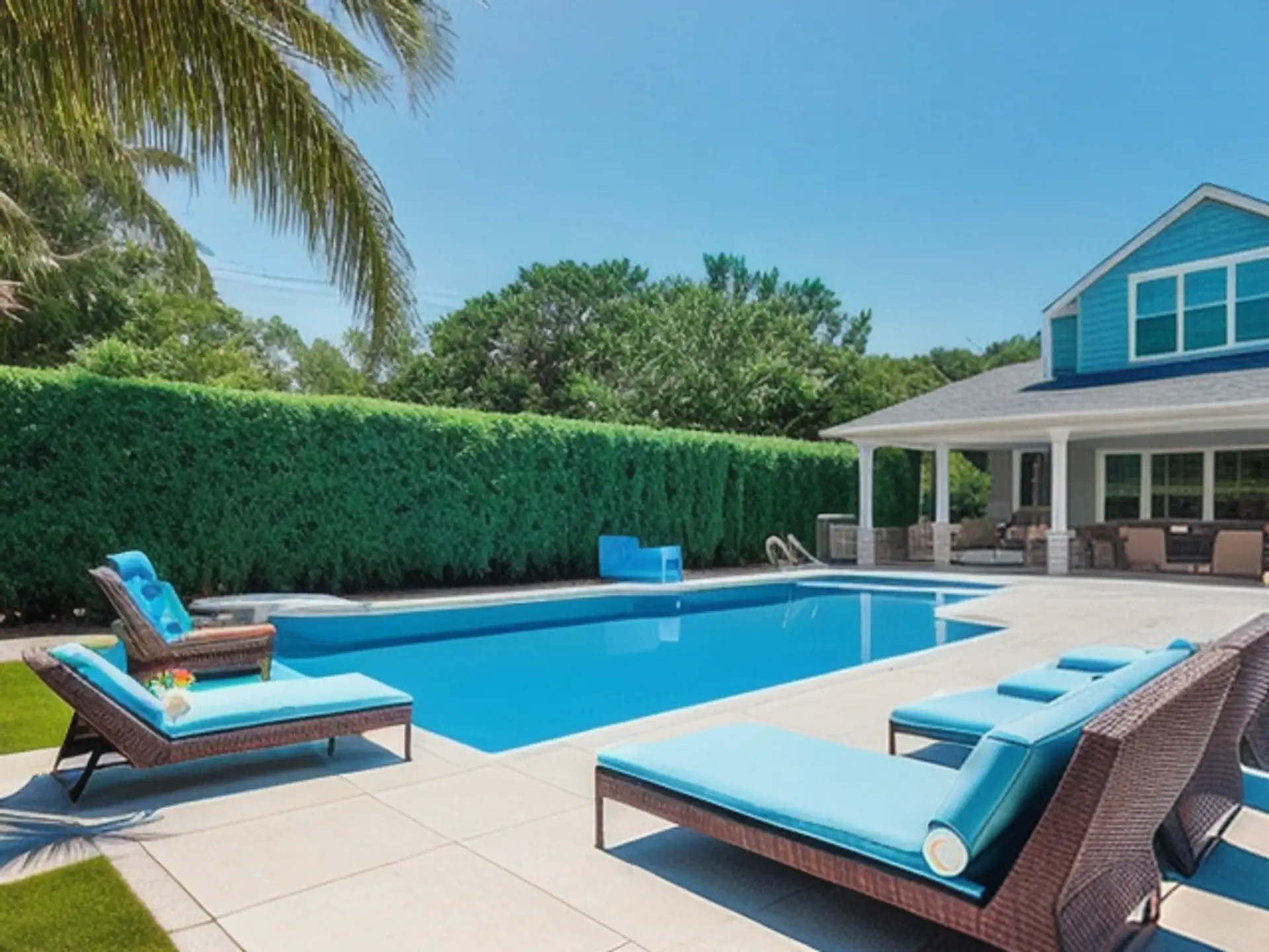 Luxe zwembad met turquoise ligbedden bij moderne villa met veranda