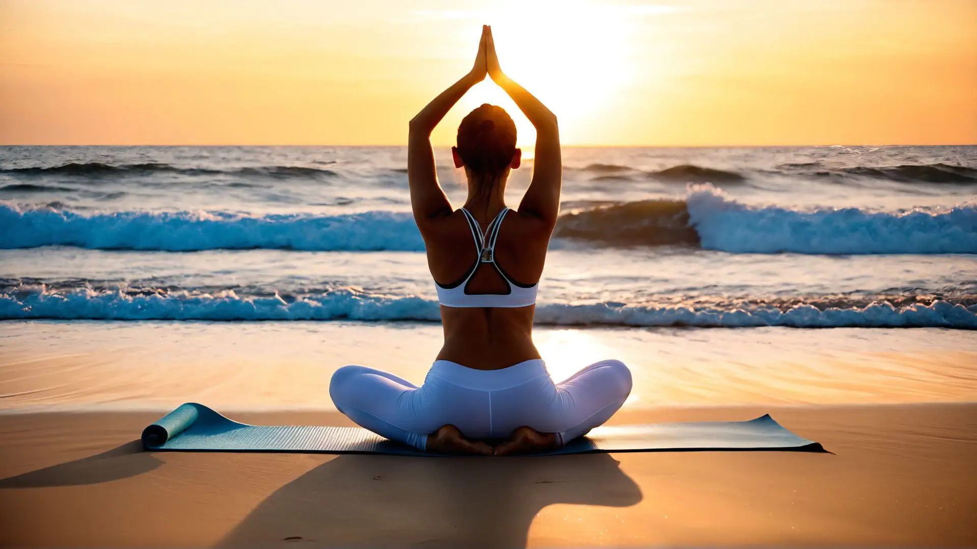 Yoga meditatie bij zonsondergang op tropisch strand met oceaangolven