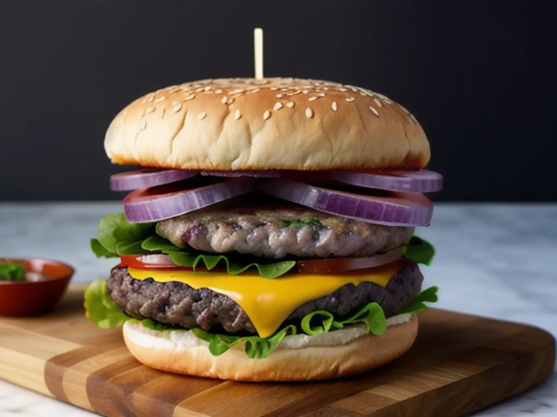 Sappige dubbele cheeseburger met verse ingrediënten op houten plank