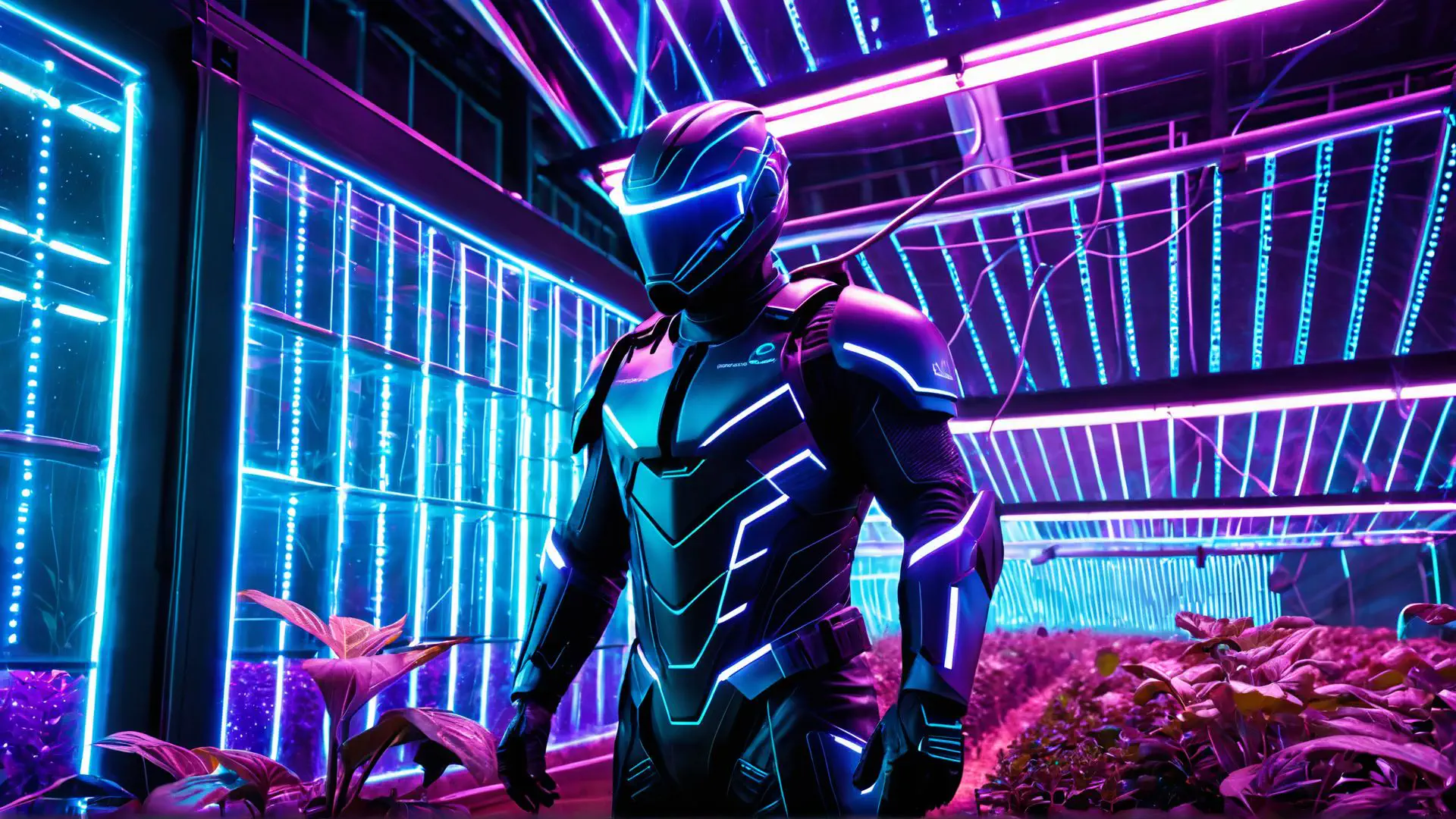 Futuristisch robotharnas in neon verlichte cyberpunk omgeving