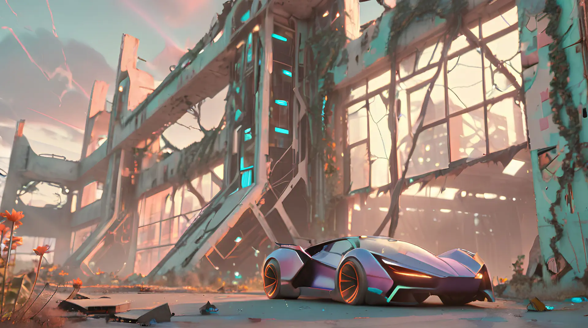 Futuristische Hypercar in Post-Apocalyptisch Landschap 4K Wallpaper