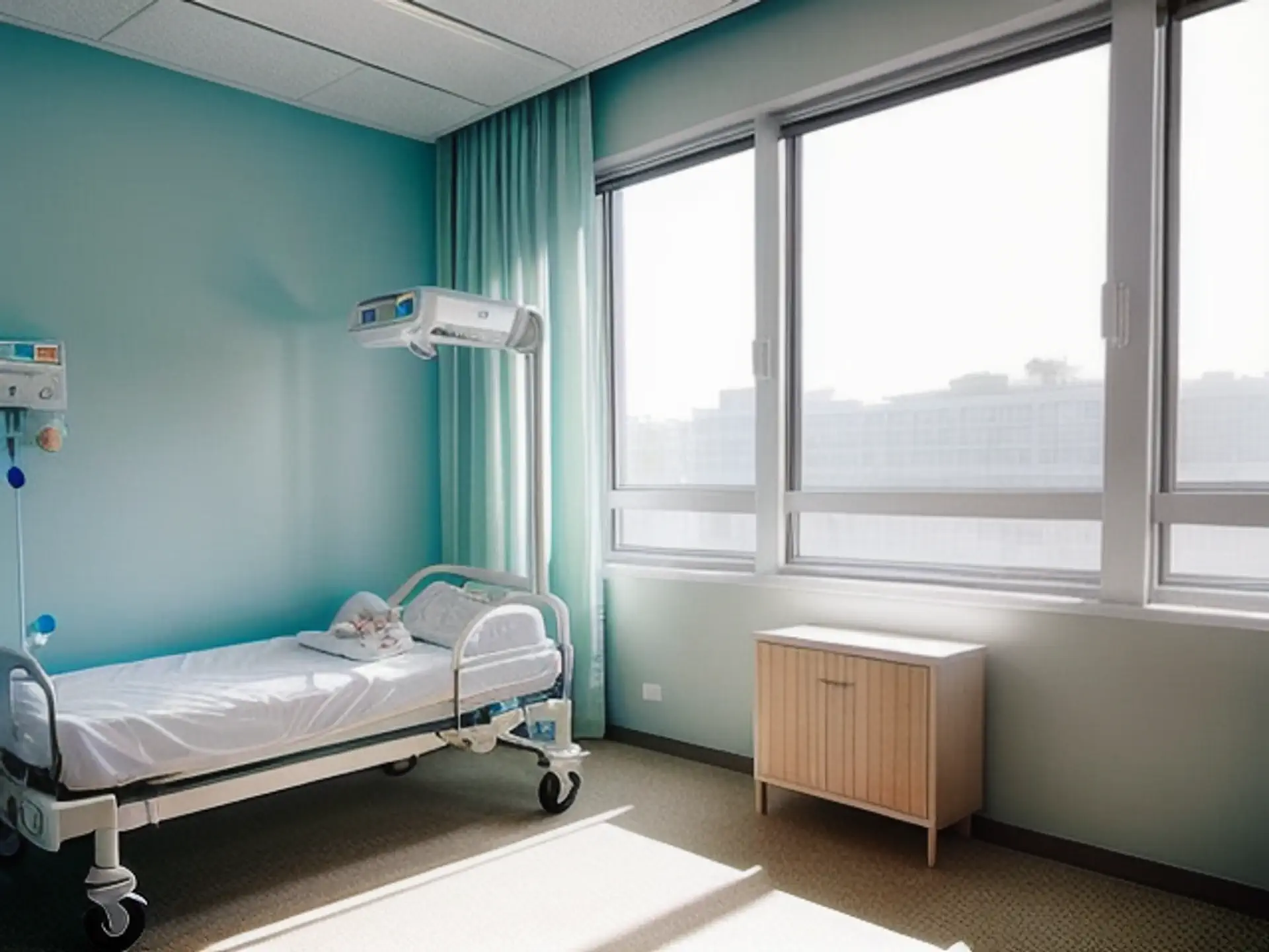 Moderne ziekenhuiskamer met natuurlijk daglicht en mintgroene wanden
