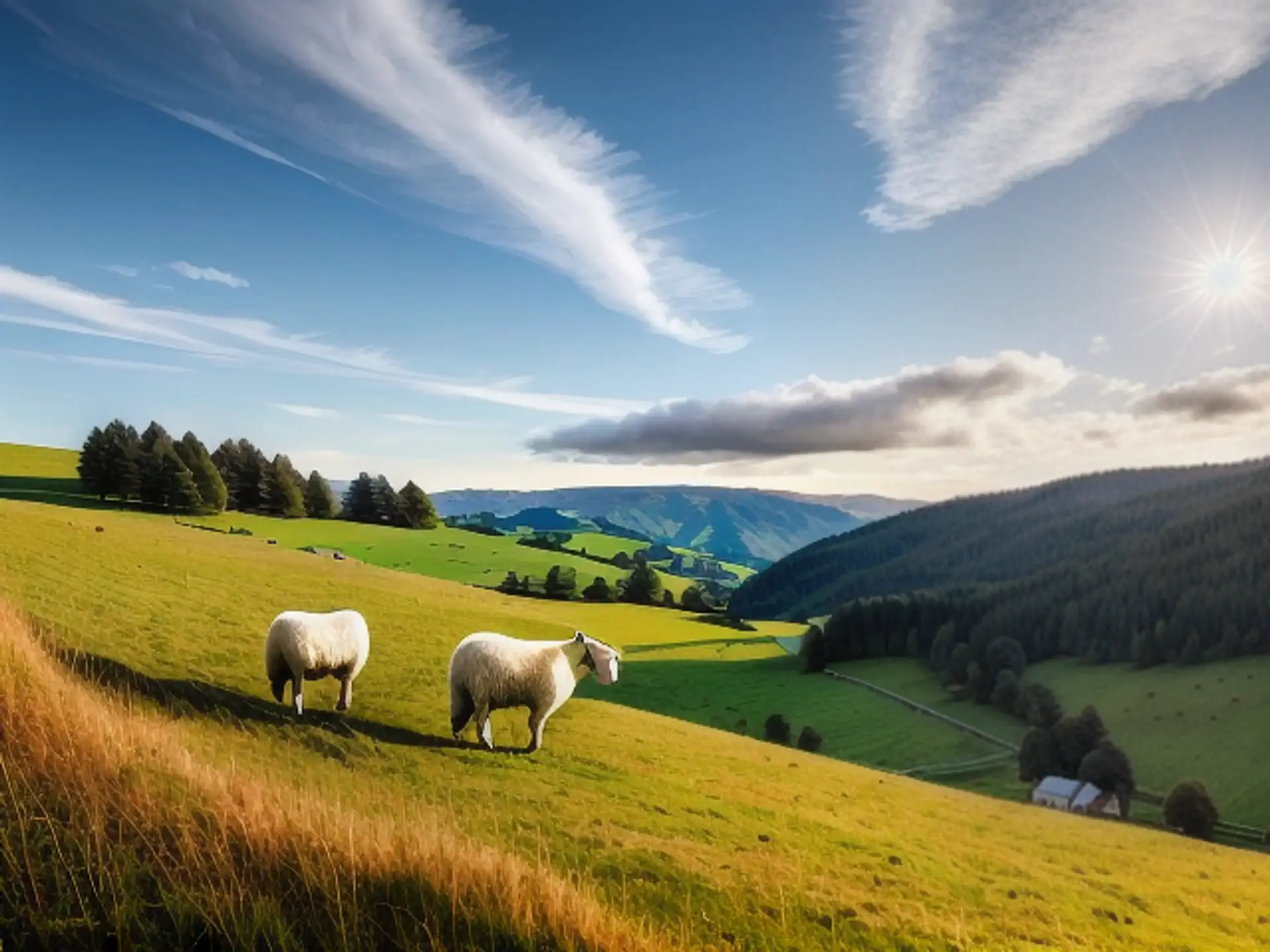 Grazende schapen in glooiend berglandschap tijdens zonsondergang