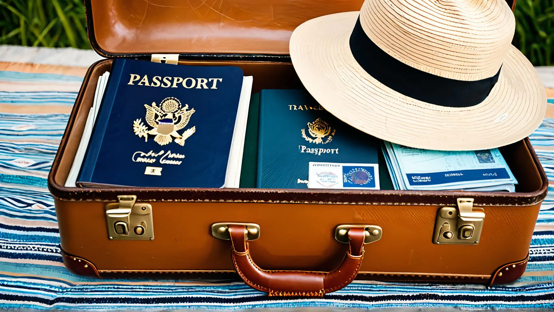 Vintage koffer met paspoorten en strohoed klaar voor zomervakantie