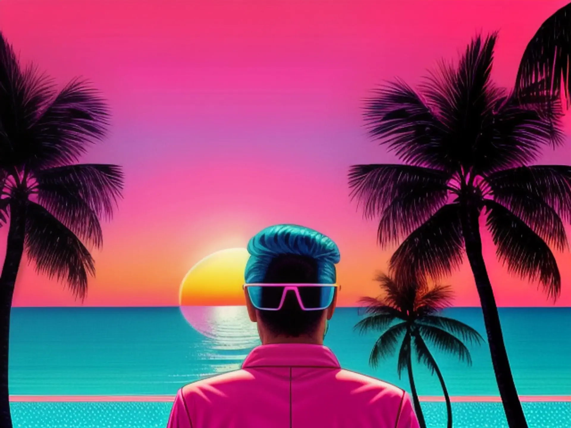 Retro zonsondergang tropisch strand met neon kleuren kunstwerk