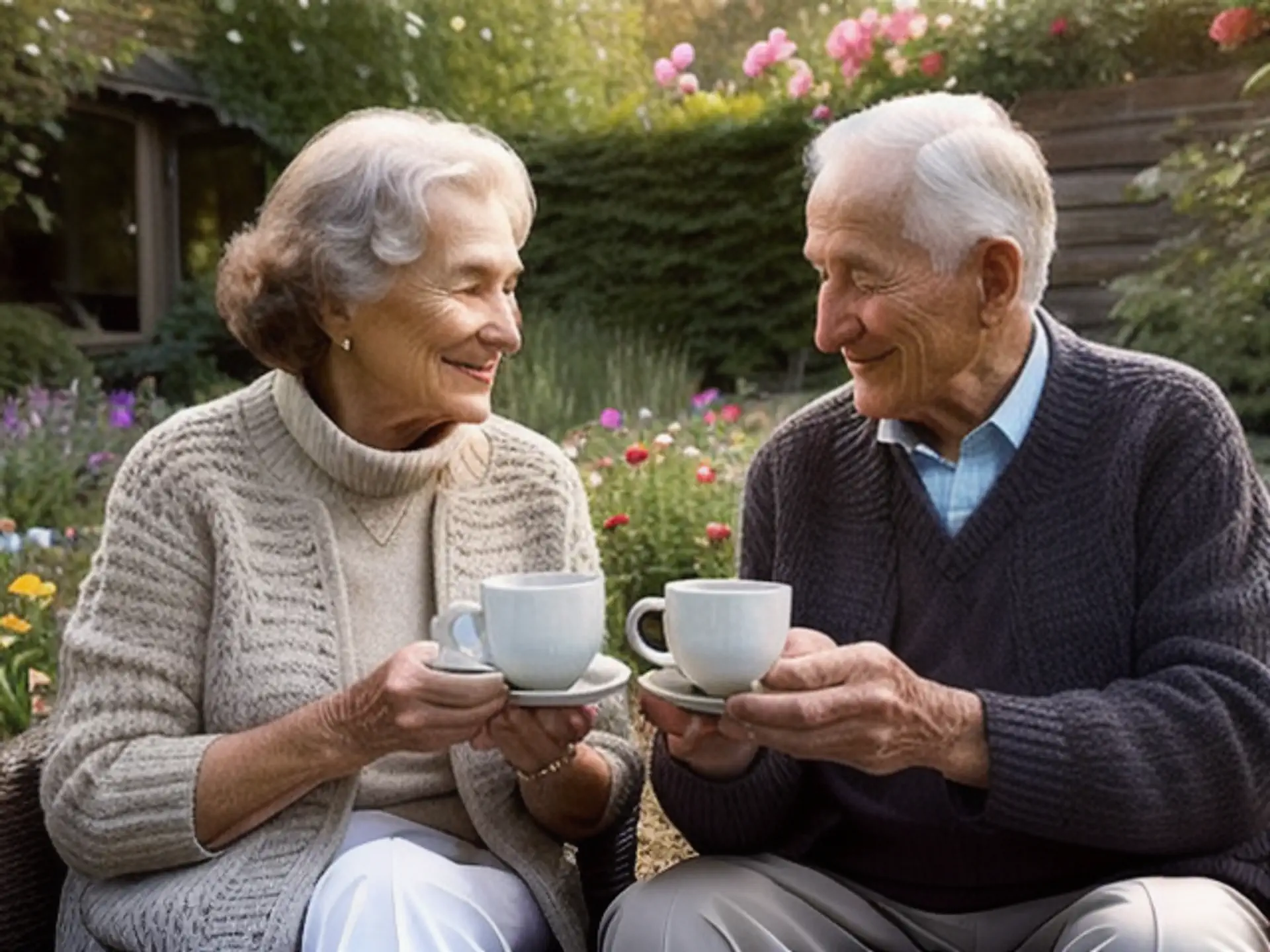 Gezellig samen genieten in bloeiende seniorentuin met kopje koffie
