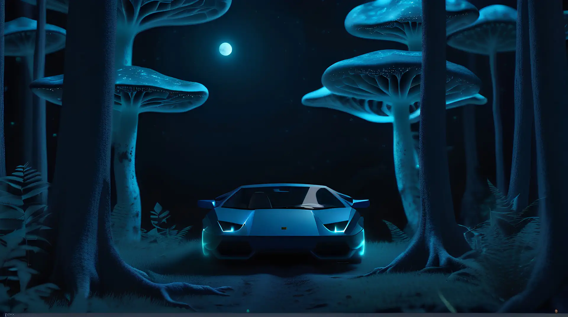 Witte Supercar in Betoverd Bioluminescent Paddenstoelenbos 4K Wallpaper
