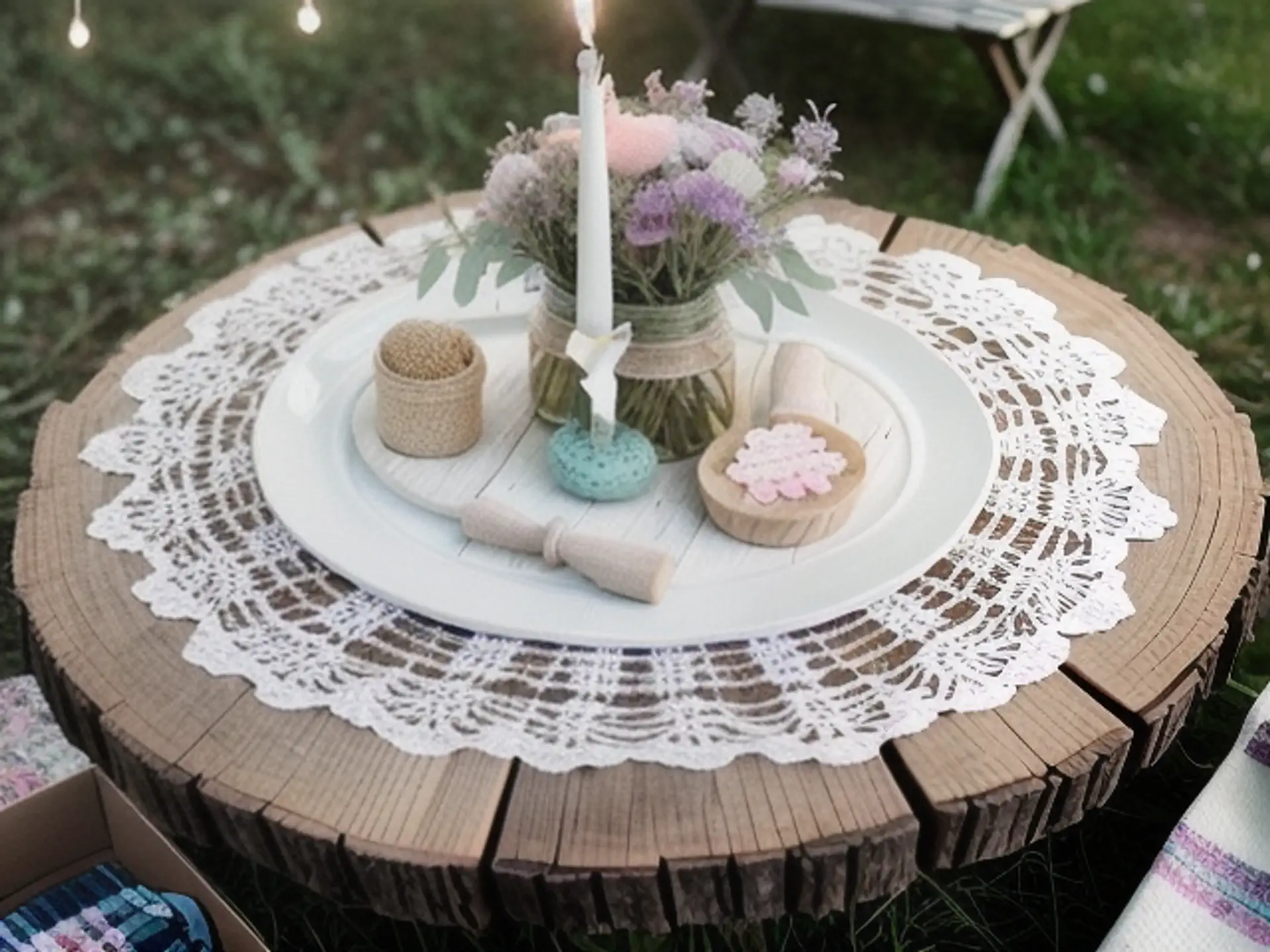 Rustieke bruiloftsdecoratie met kanten kleedje en boomstam tafelblad