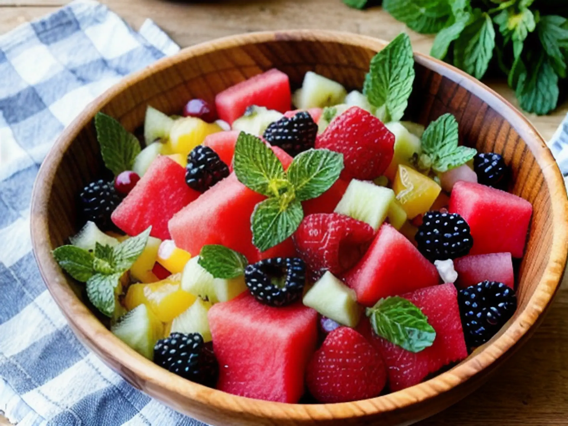 Verfrissende zomerse fruitsalade met watermeloen en bosbessen in