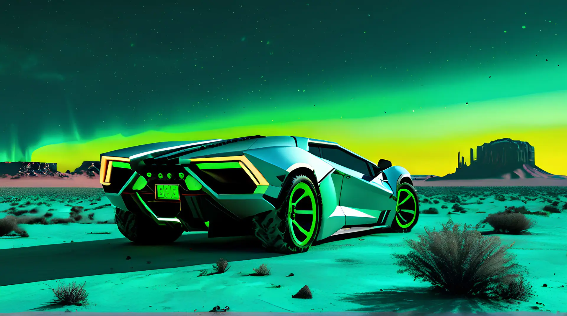 Futuristische Hypercar Achterkant met Groene Aurora 4K Wallpaper