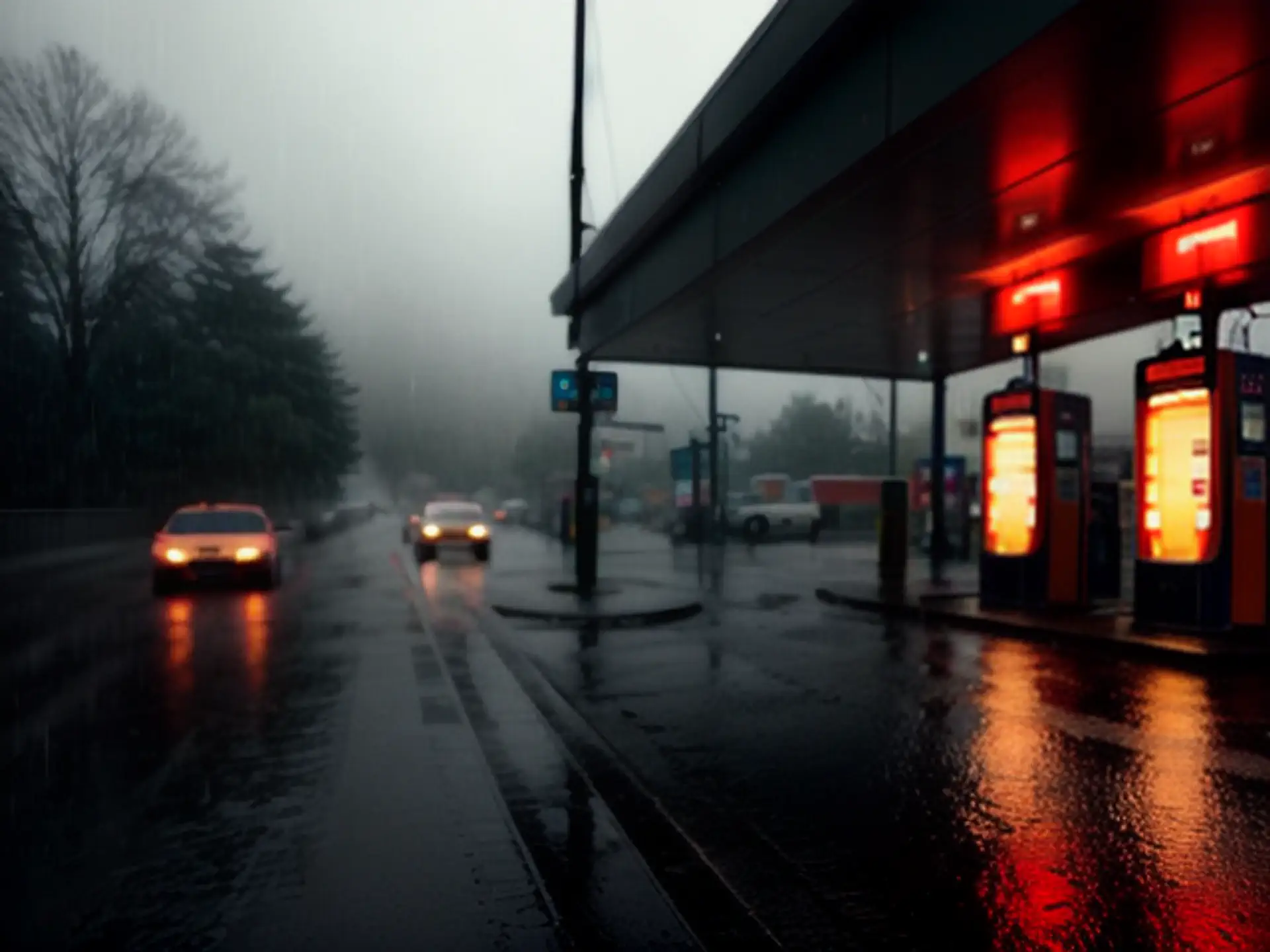 Regenachtige avond bij tankstation met rode verlichting in schemer
